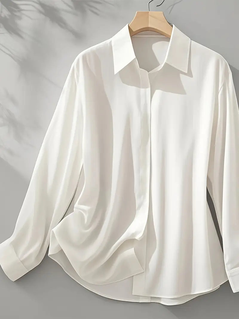 Anjelly Women's Solid Color Satin Lapel Shirt – Long Sleeve Blouse