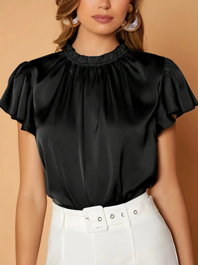 Camille Satin Drape Blouse – Stylish Puff Sleeve Top with Gathered Neck