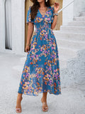 Margaret Floral V-Neck Pleated Maxi Dress – Elastic Waist Summer Silhouette