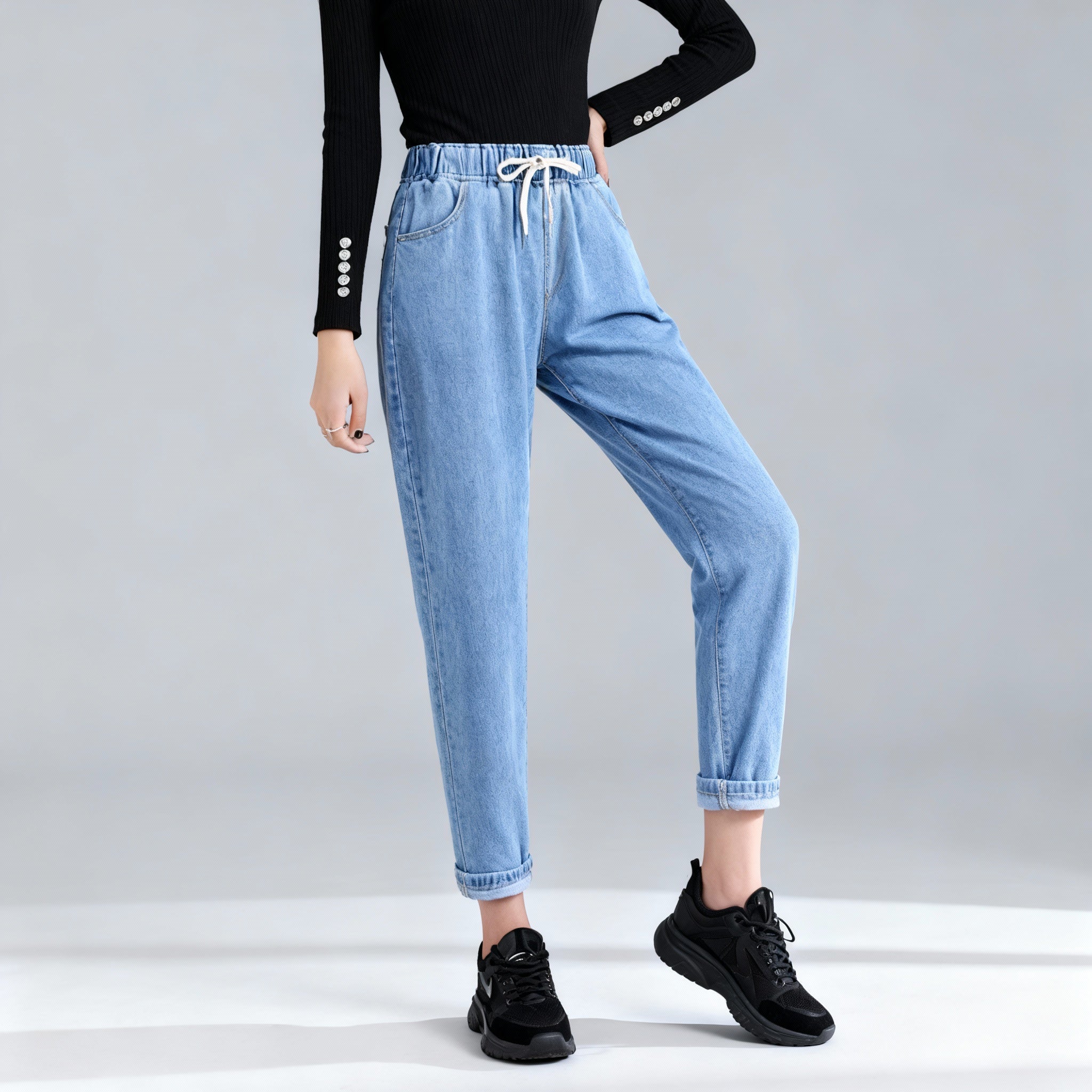 Camille Stretch Denim Jeans – Drawstring Tapered Pants