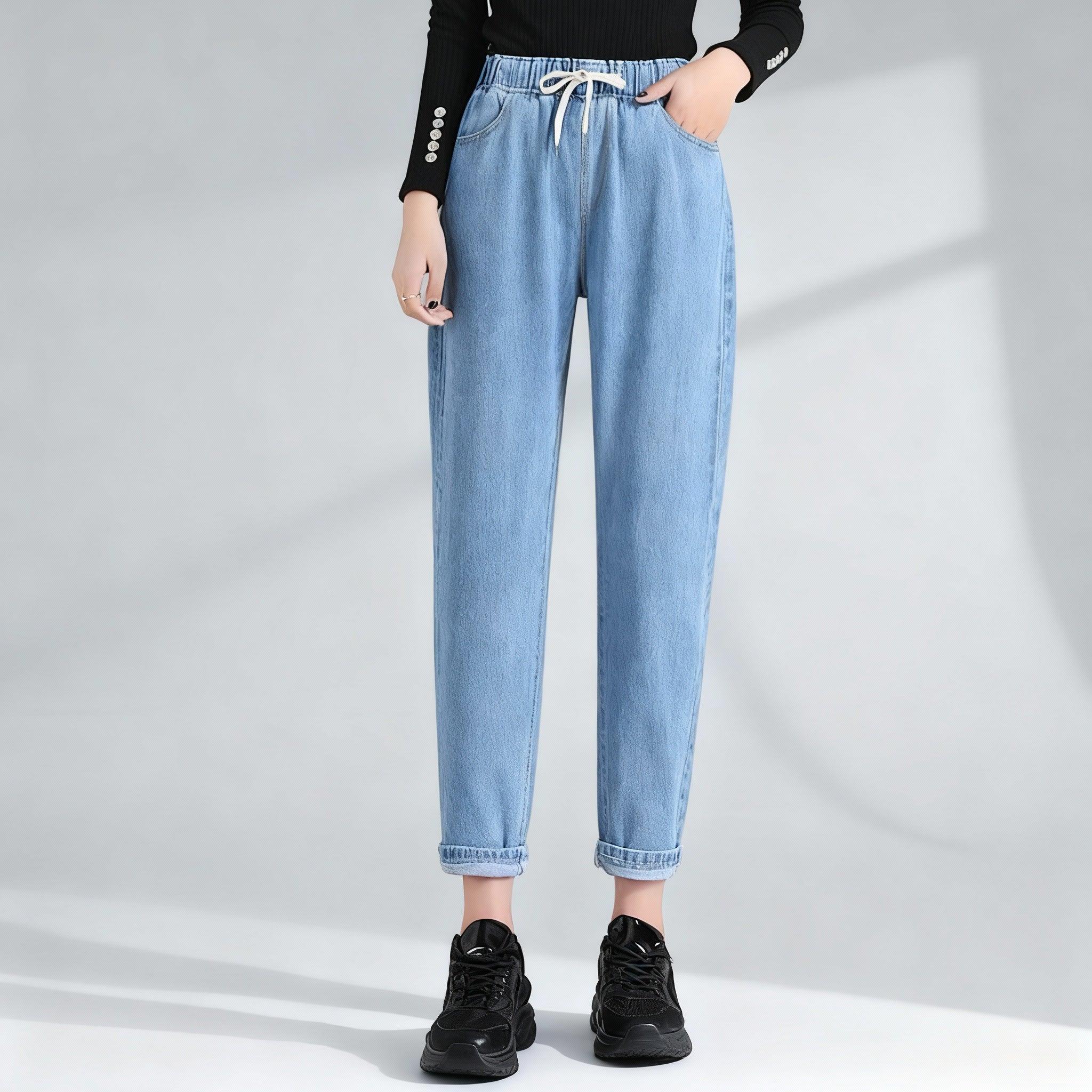 Camille Stretch Denim Jeans – Drawstring Tapered Pants