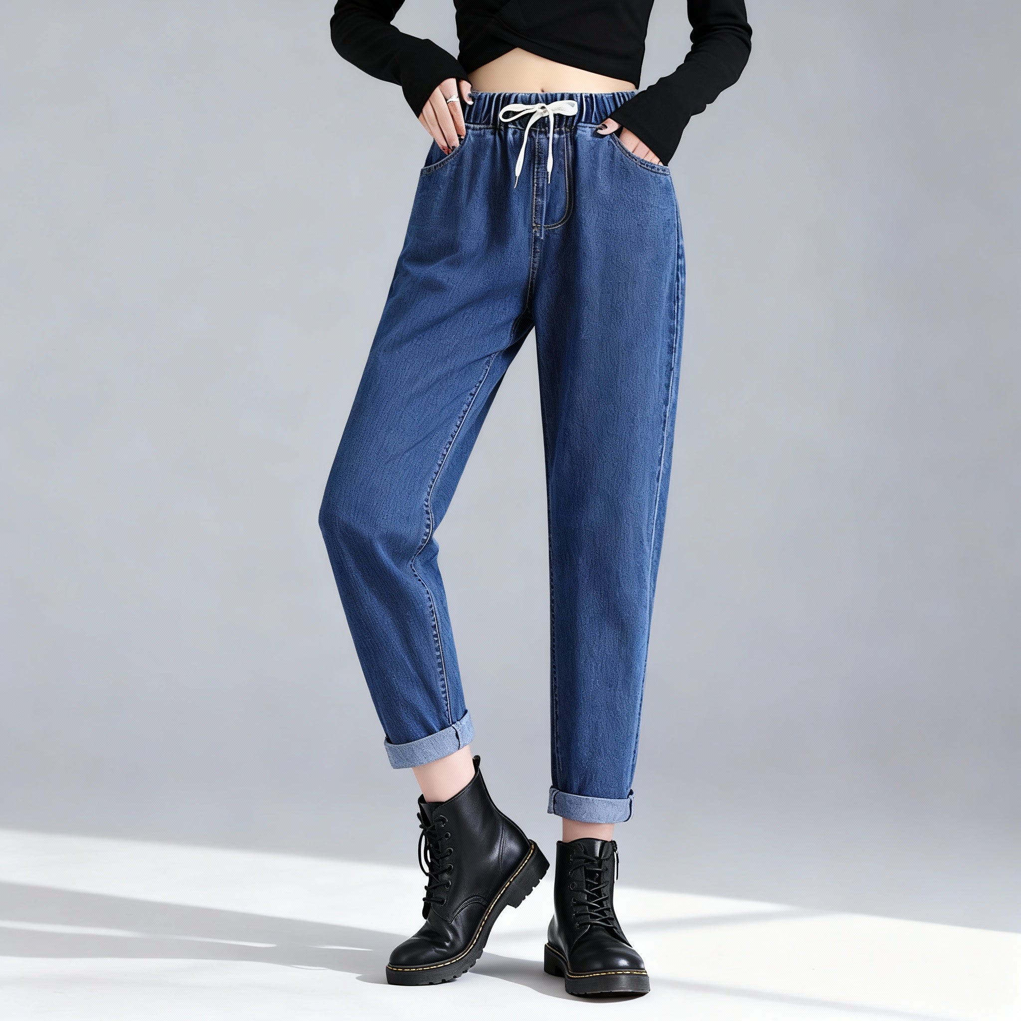 Camille Stretch Denim Jeans – Drawstring Tapered Pants