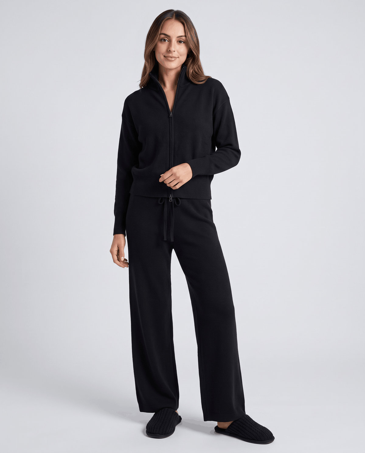 Black knit full-zip loungewear set with drawstring straight-leg pants, front view