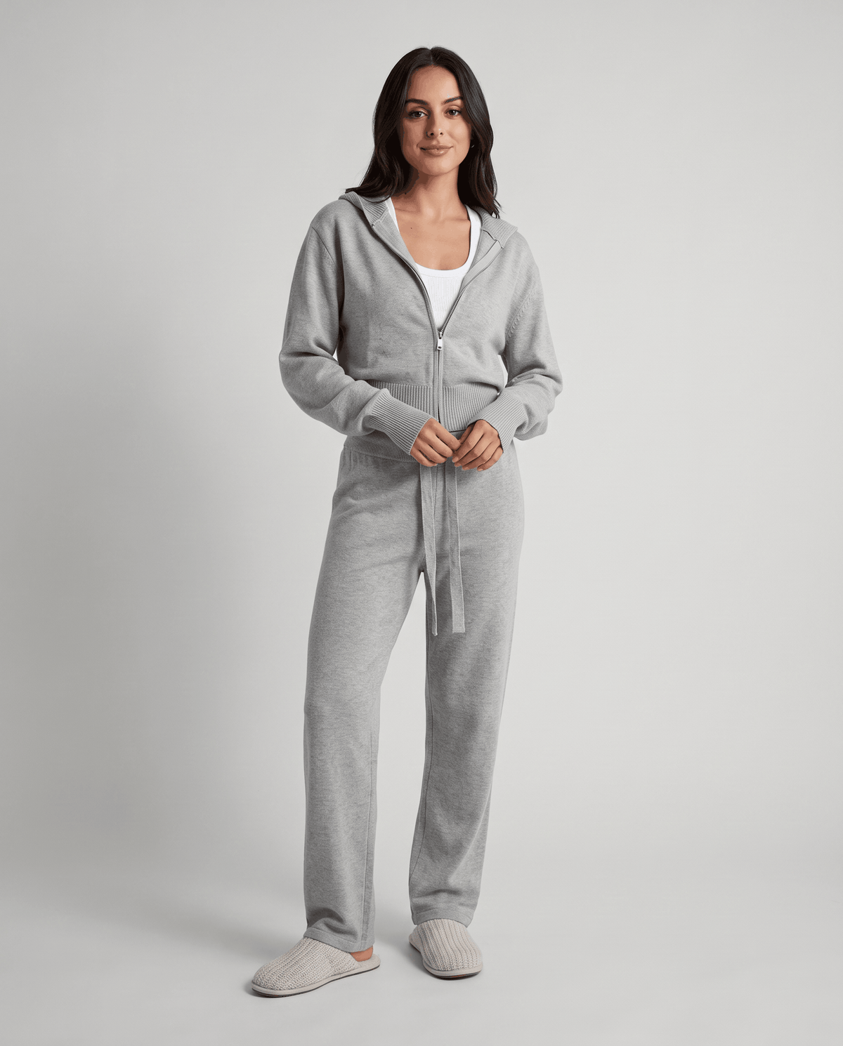 Gray knit full-zip loungewear set with drawstring straight-leg pants, front view