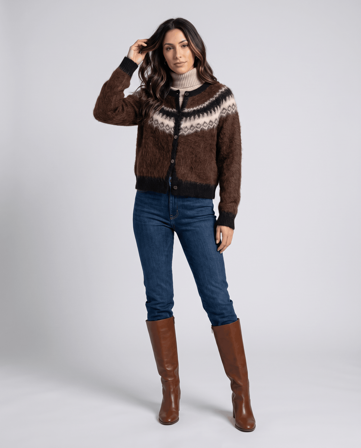Full-length brown cardigan outfit with jeans and brown knee-high boots