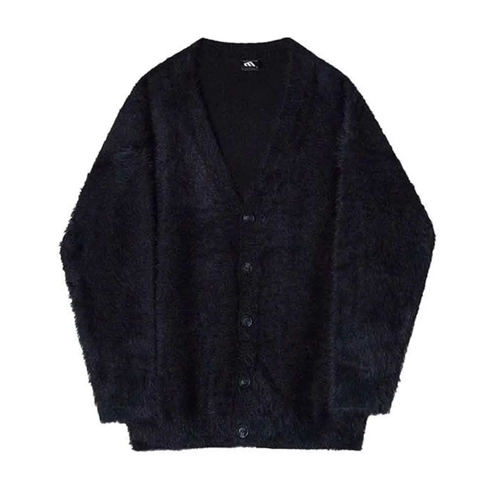 Flat-lay of the black V-neck cardigan buttoned up on a white background