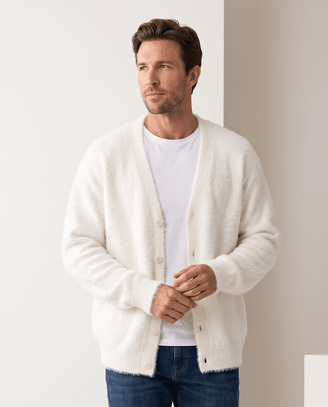 White cardigan buttoned over a white tee with dark jeans