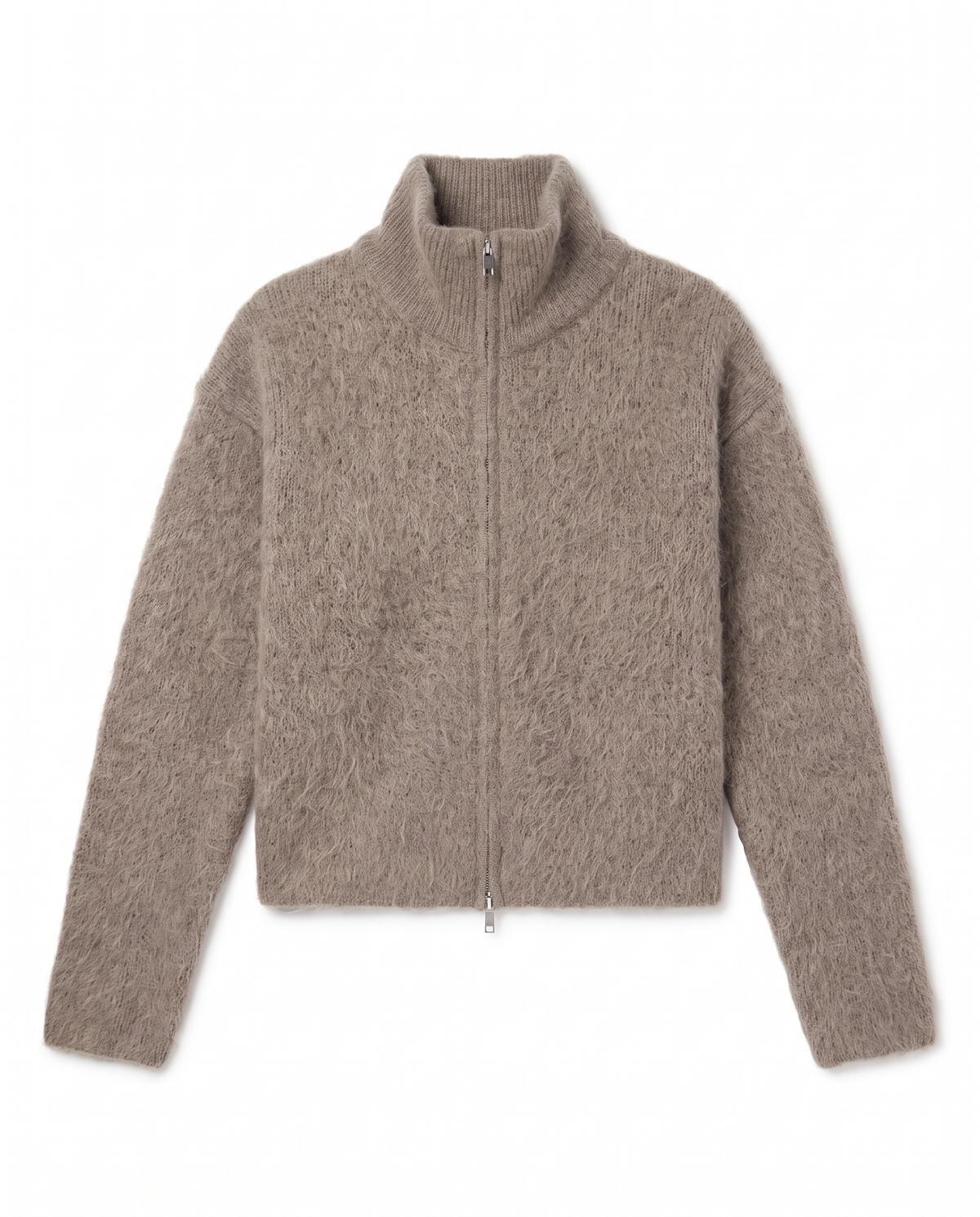 Flat-lay of the taupe brushed knit cardigan zipped to its ribbed stand collar on white