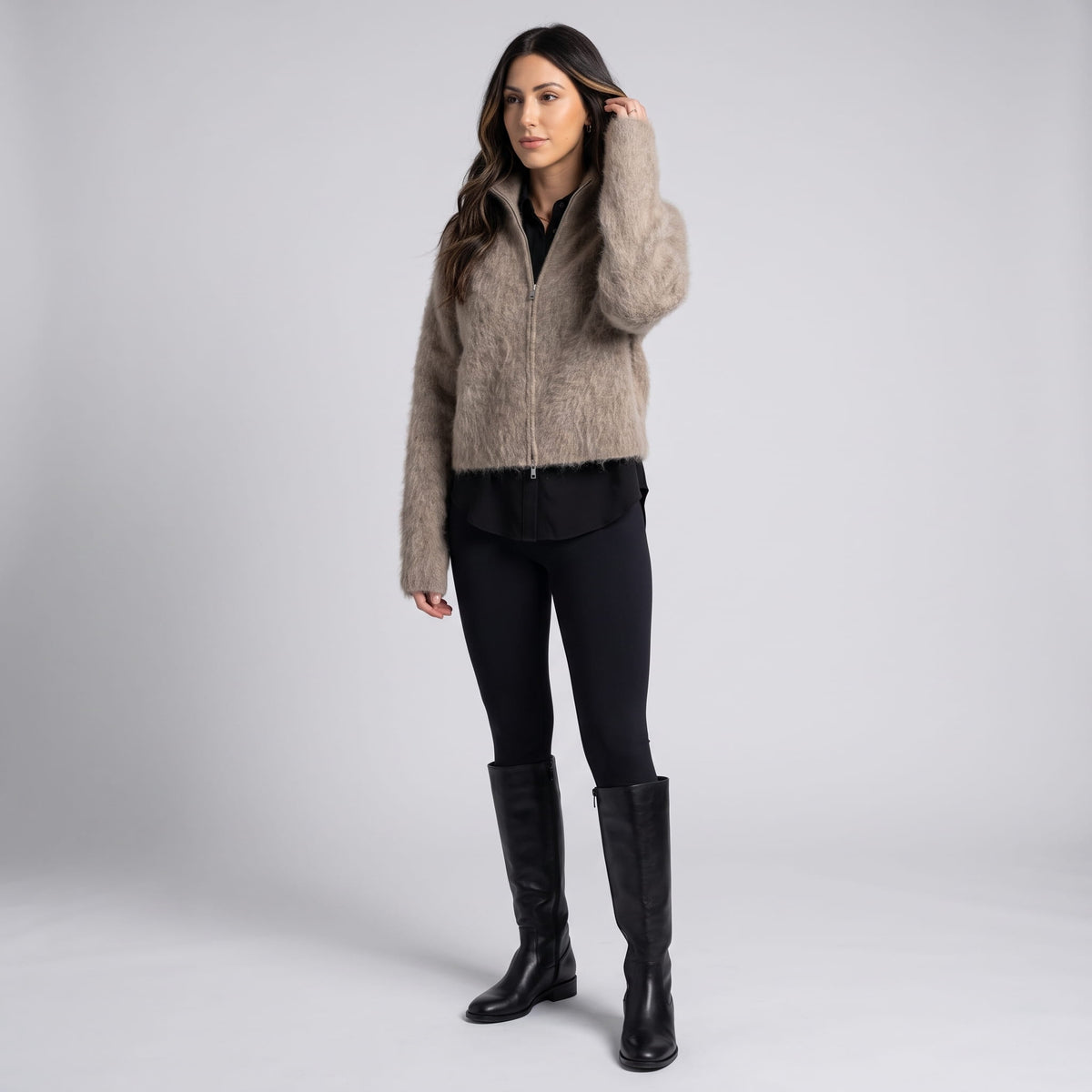 Full-length taupe outfit with leggings and black knee-high boots