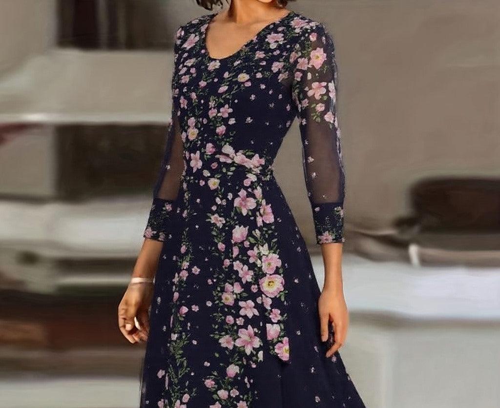 Celina Floral Maxi Dress – Elegant Flowing Sleeve with Deep Round Neckline