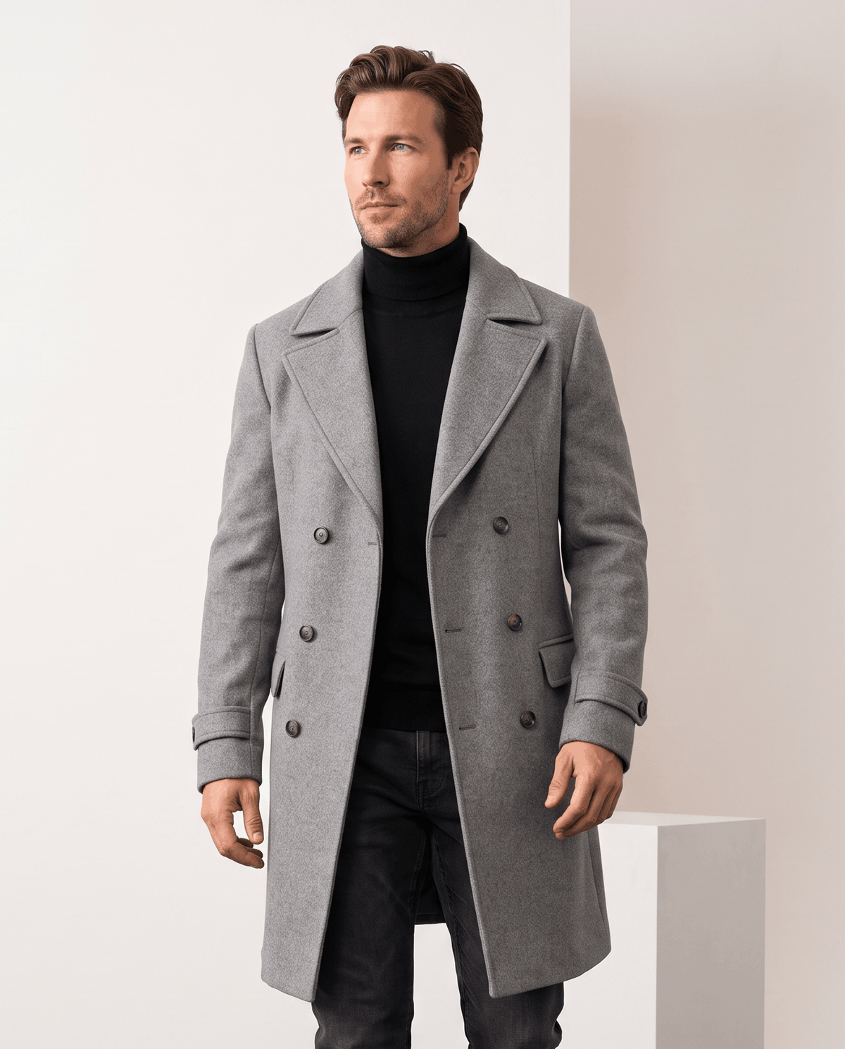 Man standing in a long gray double-breasted wool coat with wide lapels and black turtleneck