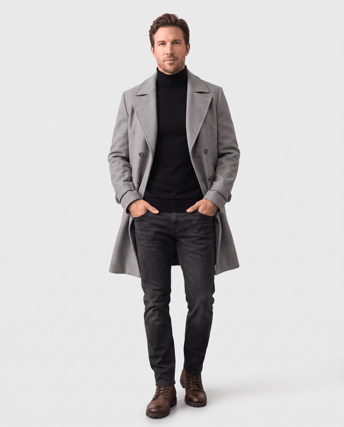 Man wearing a gray wool coat open over a black sweater and dark jeans
