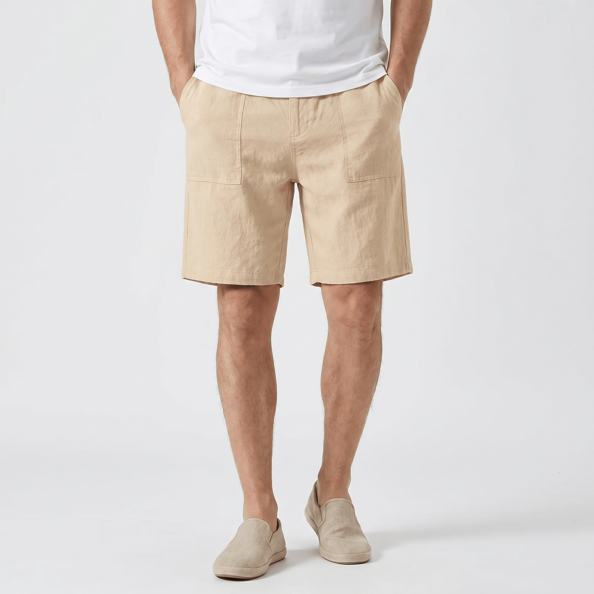 Alan Mid-Length Linen Shorts – Flat Front Belt Loop Relaxed Smart Casual Summer Bottoms