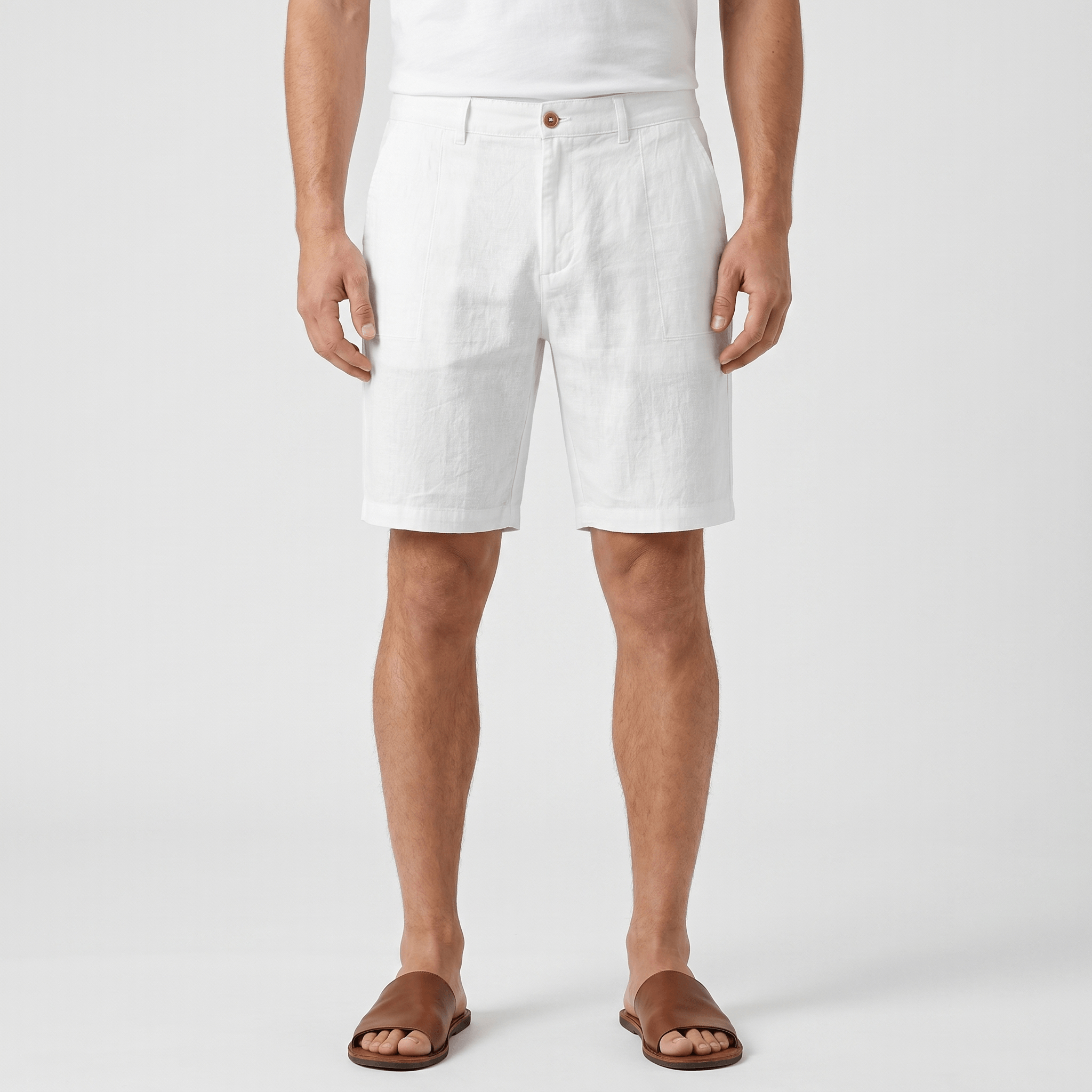 Alan Mid-Length Linen Shorts – Flat Front Belt Loop Relaxed Smart Casual Summer Bottoms