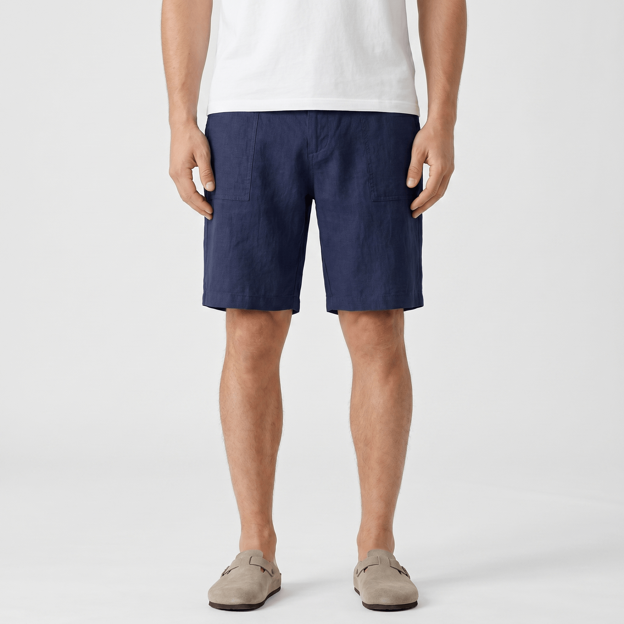 Alan Mid-Length Linen Shorts – Flat Front Belt Loop Relaxed Smart Casual Summer Bottoms