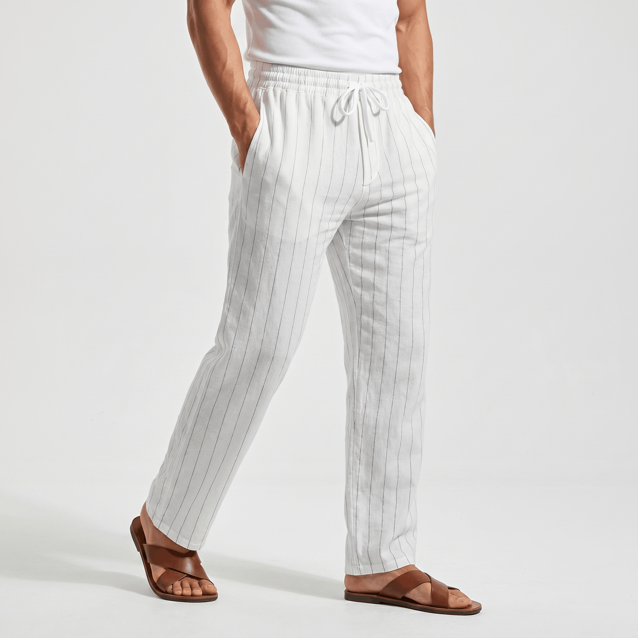 Louis Linen Blend Trousers – Relaxed Pinstripe Drawstring Resort Pants