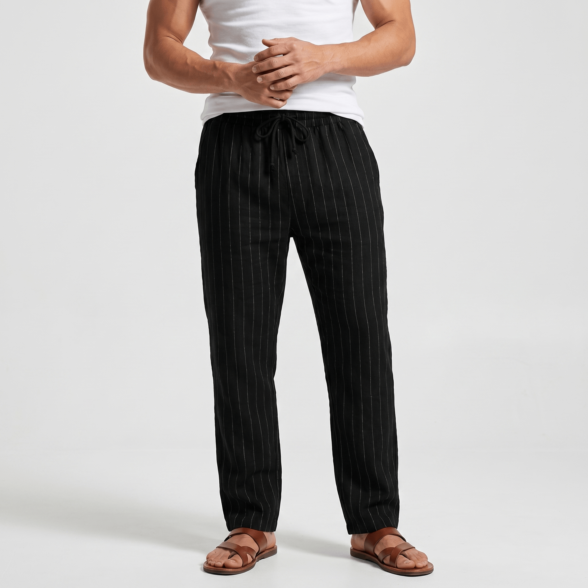 Louis Linen Blend Trousers – Relaxed Pinstripe Drawstring Resort Pants