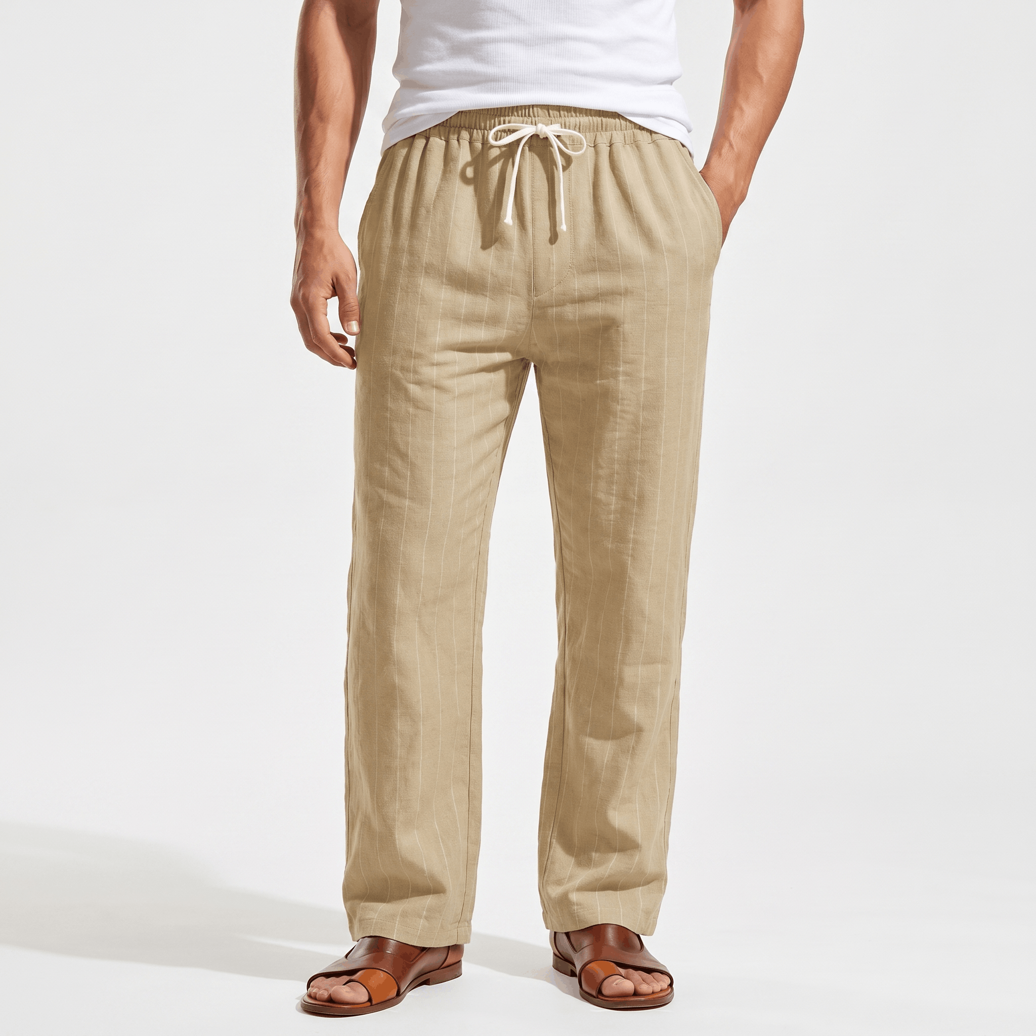 Louis Linen Blend Trousers – Relaxed Pinstripe Drawstring Resort Pants
