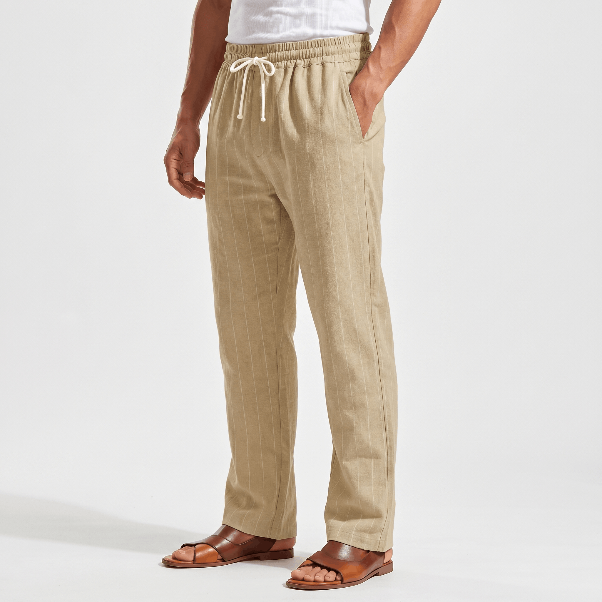 Louis Linen Blend Trousers – Relaxed Pinstripe Drawstring Resort Pants