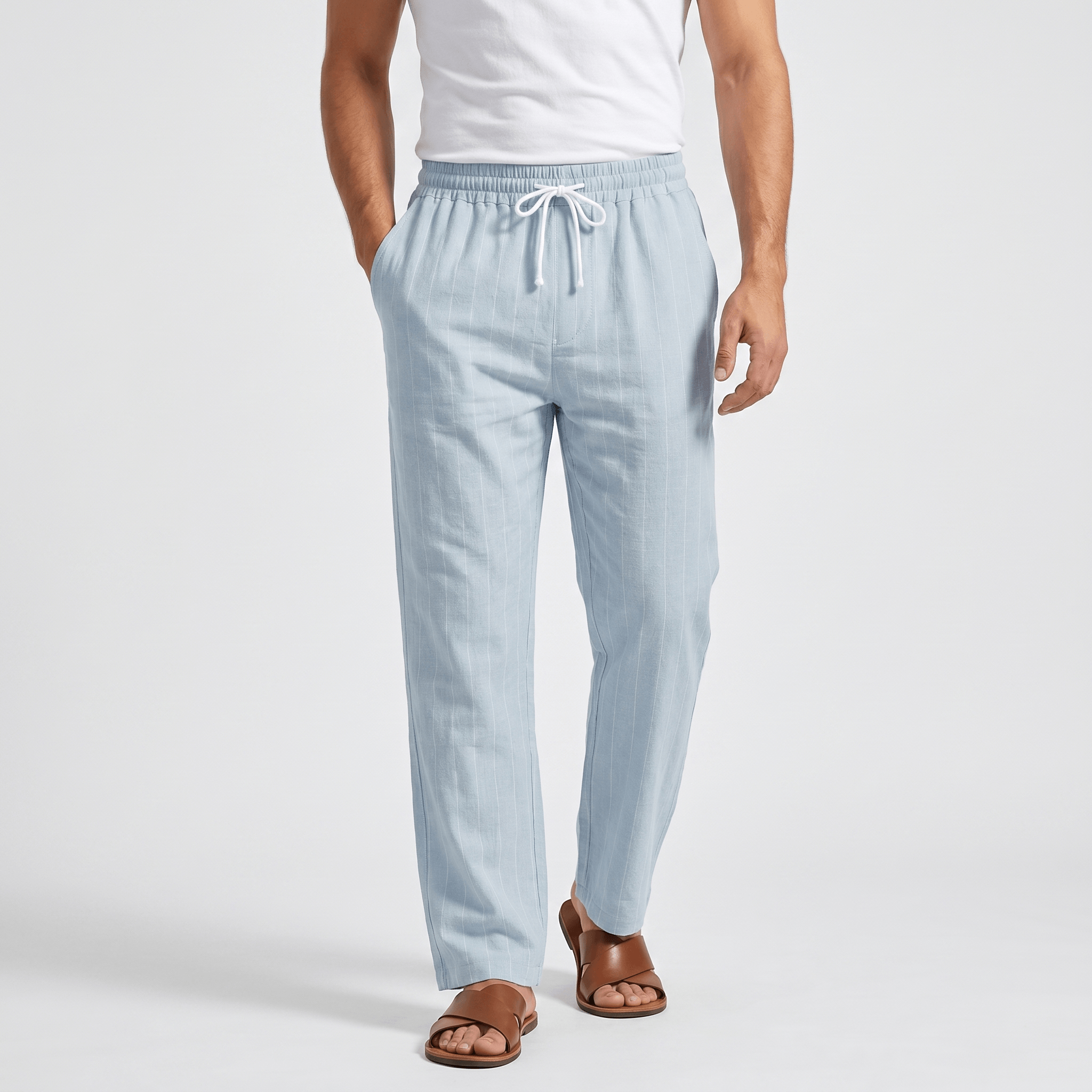 Louis Linen Blend Trousers – Relaxed Pinstripe Drawstring Resort Pants