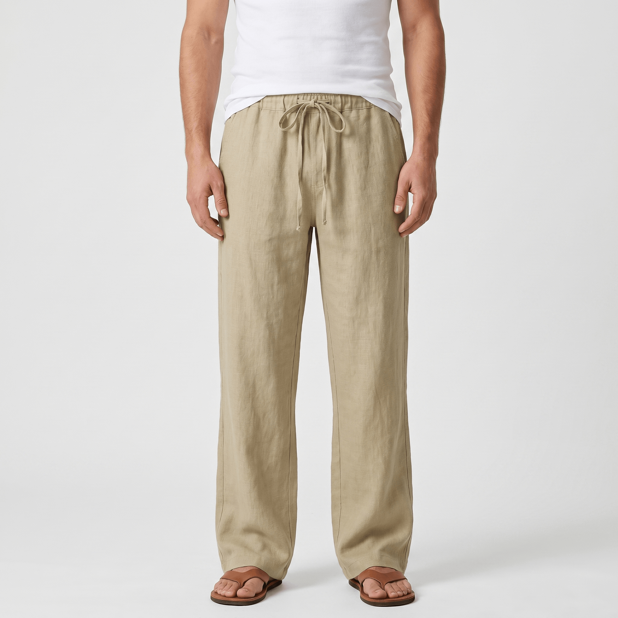 Luciano Linen Blend Drawstring Trousers – Relaxed Wide Leg Elastic Waist Casual Summer Bottoms