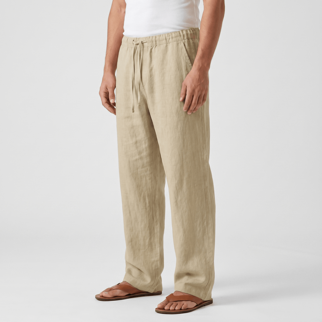 Luciano Linen Blend Drawstring Trousers – Relaxed Wide Leg Elastic Waist Casual Summer Bottoms