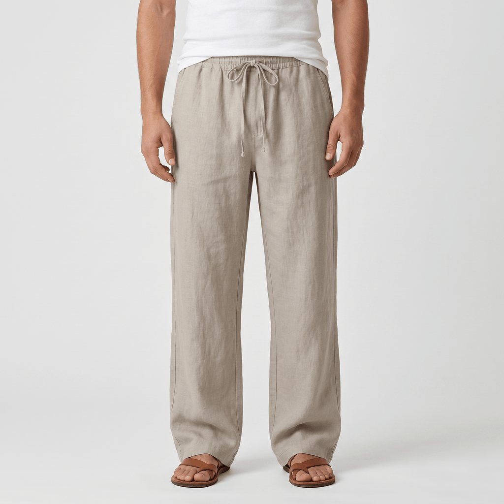Luciano Linen Blend Drawstring Trousers – Relaxed Wide Leg Elastic Waist Casual Summer Bottoms