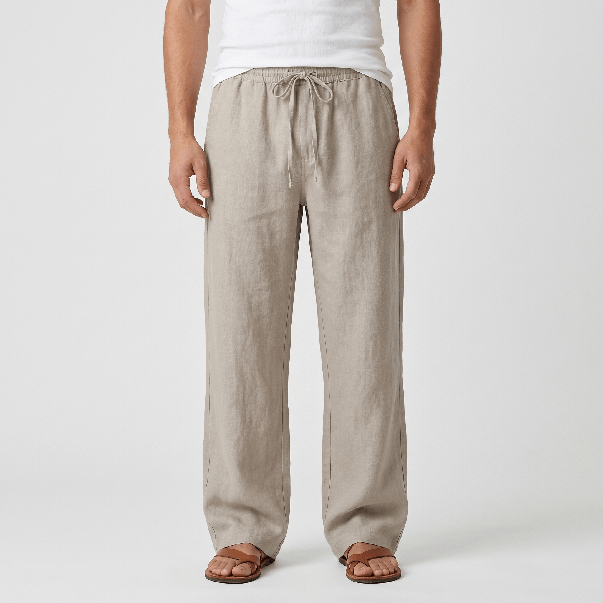 Luciano Linen Blend Drawstring Trousers – Relaxed Wide Leg Elastic Waist Casual Summer Bottoms