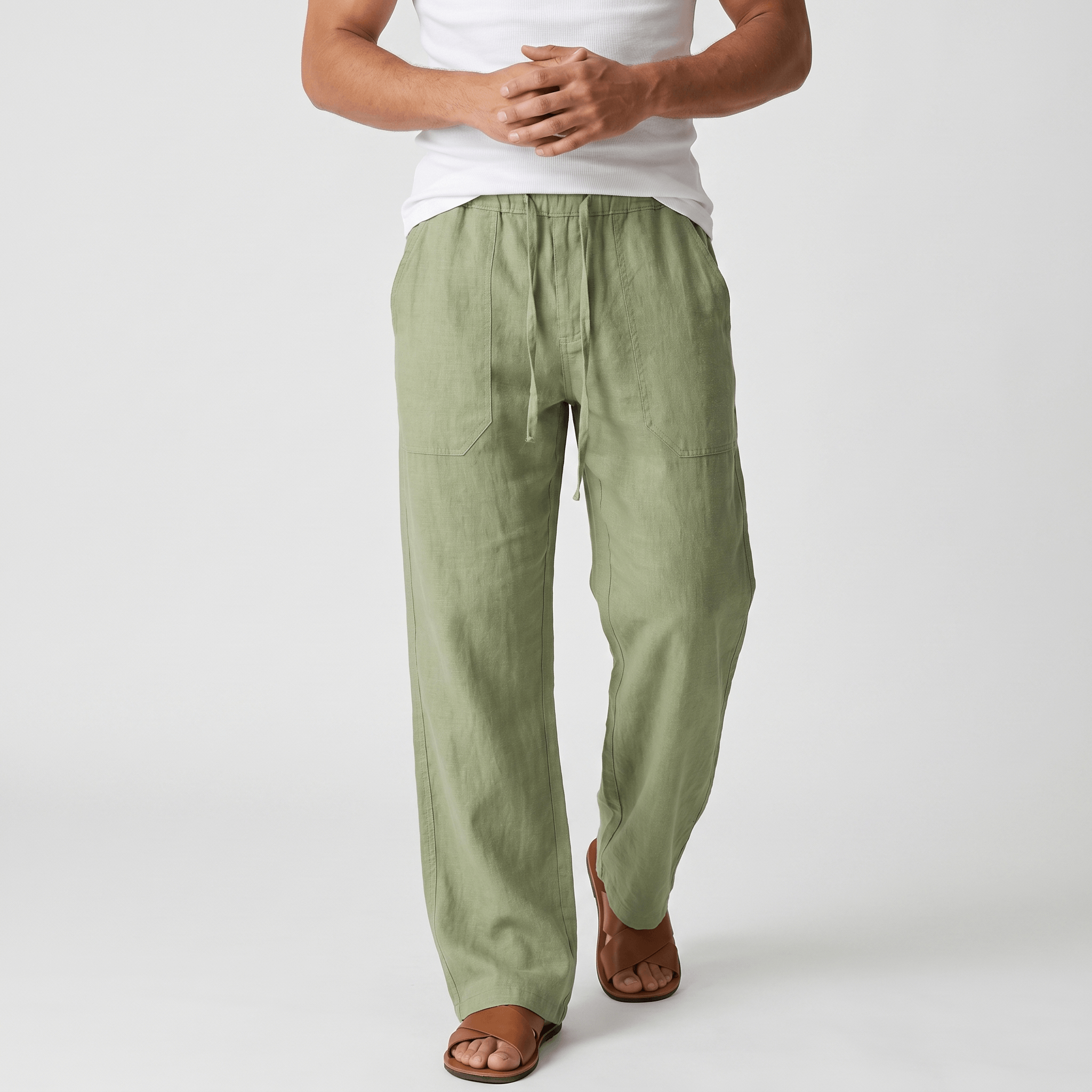 Luciano Linen Blend Drawstring Trousers – Relaxed Wide Leg Elastic Waist Casual Summer Bottoms