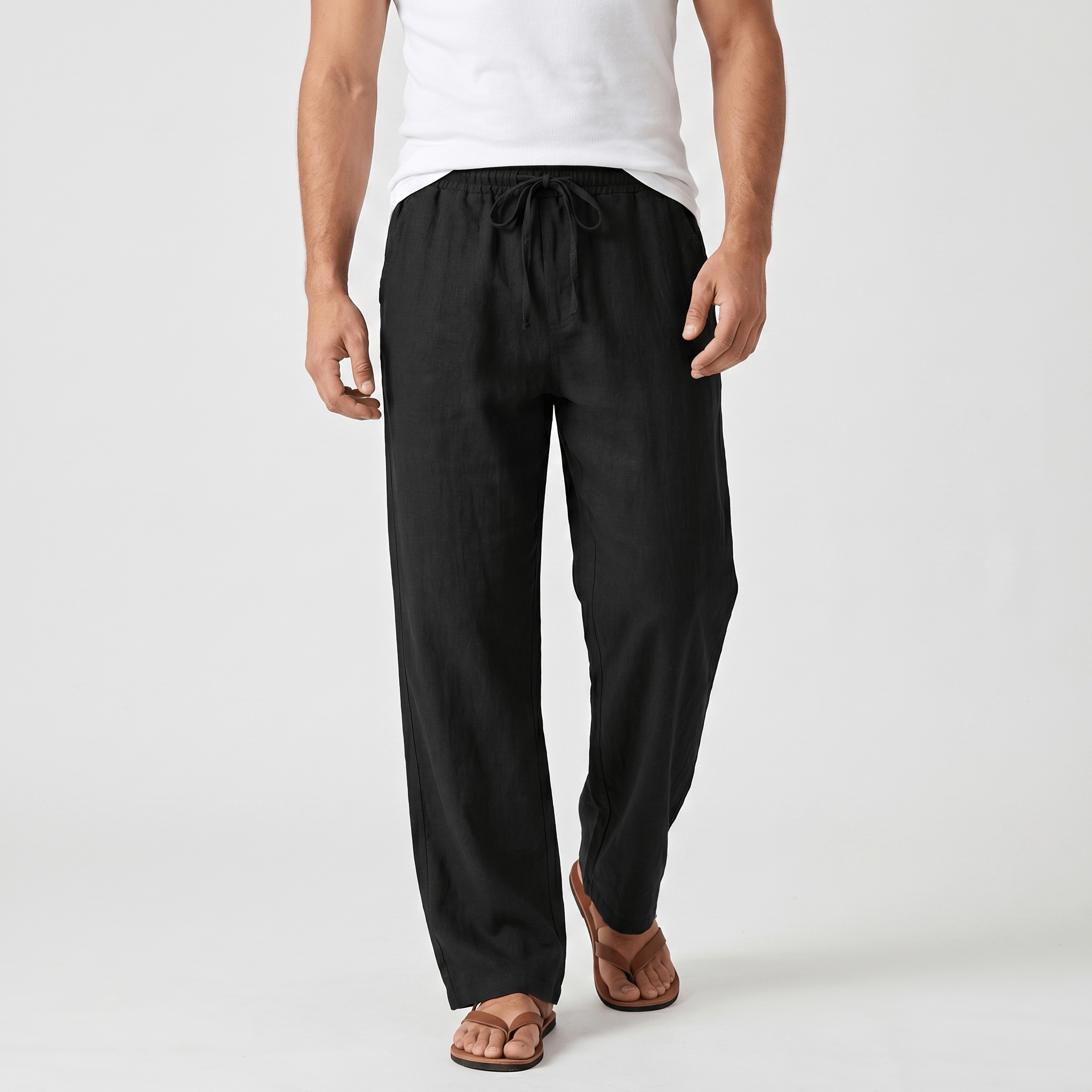 Luciano Linen Blend Drawstring Trousers – Relaxed Wide Leg Elastic Waist Casual Summer Bottoms