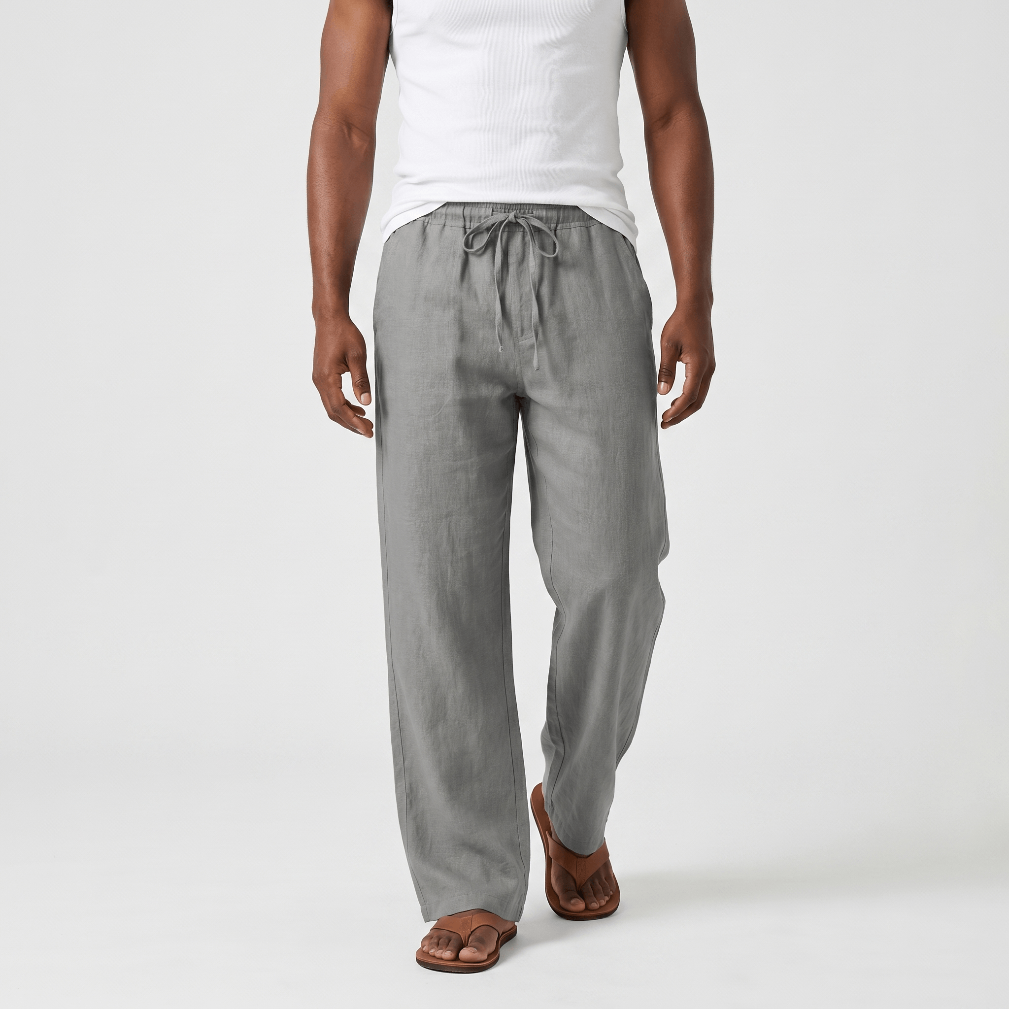 Luciano Linen Blend Drawstring Trousers – Relaxed Wide Leg Elastic Waist Casual Summer Bottoms