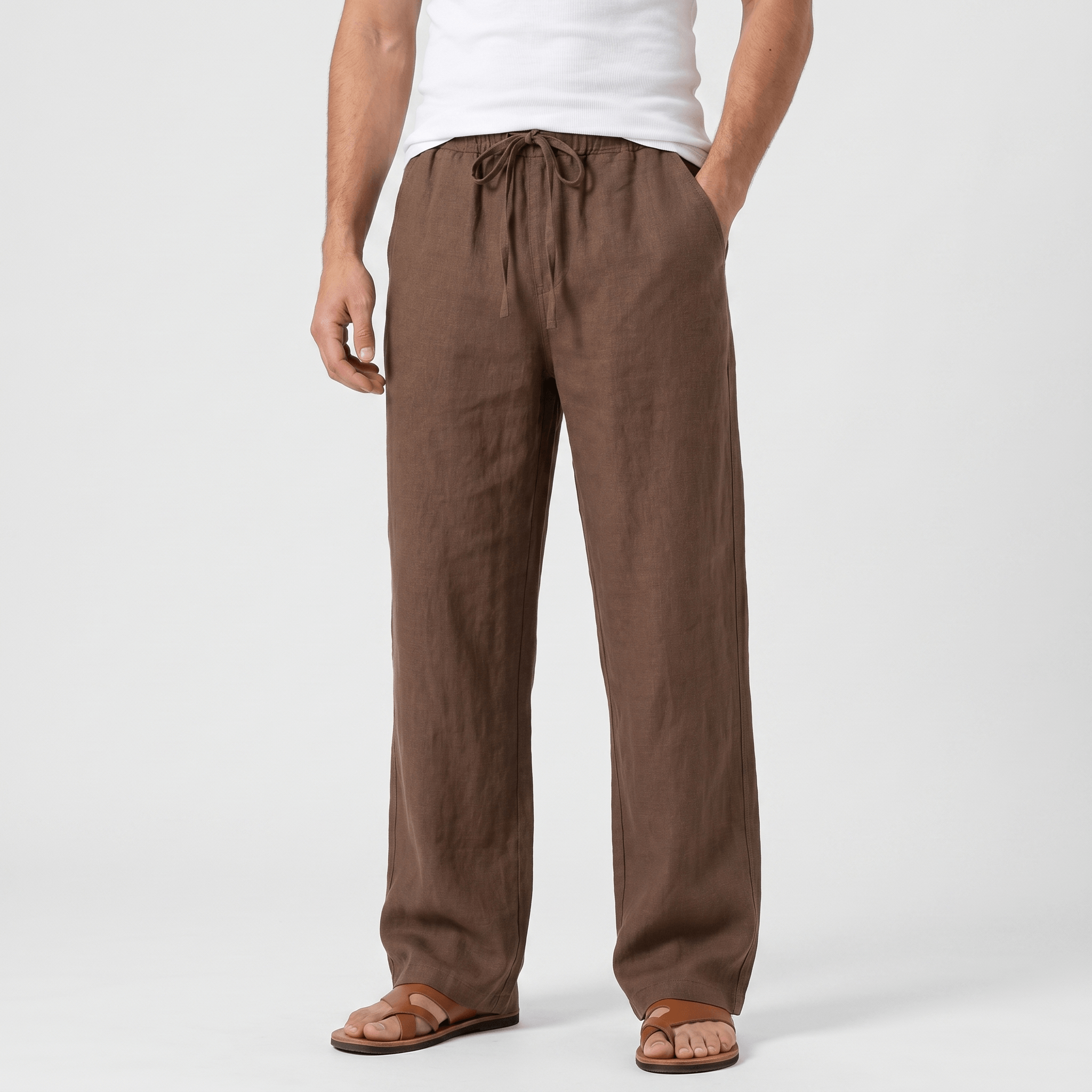 Luciano Linen Blend Drawstring Trousers – Relaxed Wide Leg Elastic Waist Casual Summer Bottoms