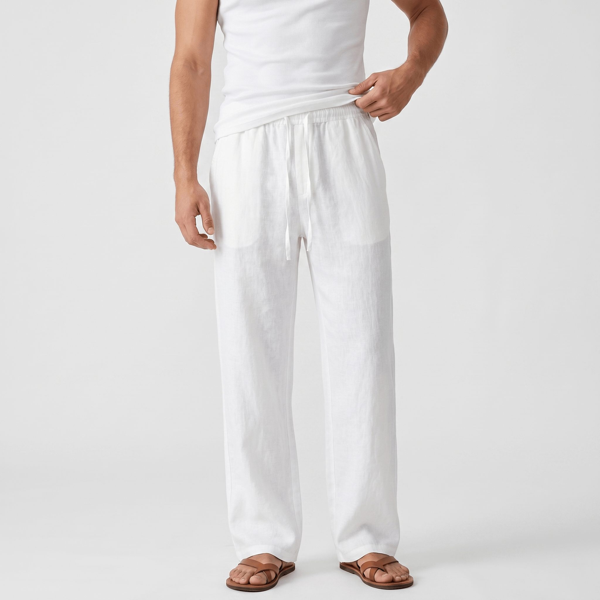 Luciano Linen Blend Drawstring Trousers – Relaxed Wide Leg Elastic Waist Casual Summer Bottoms
