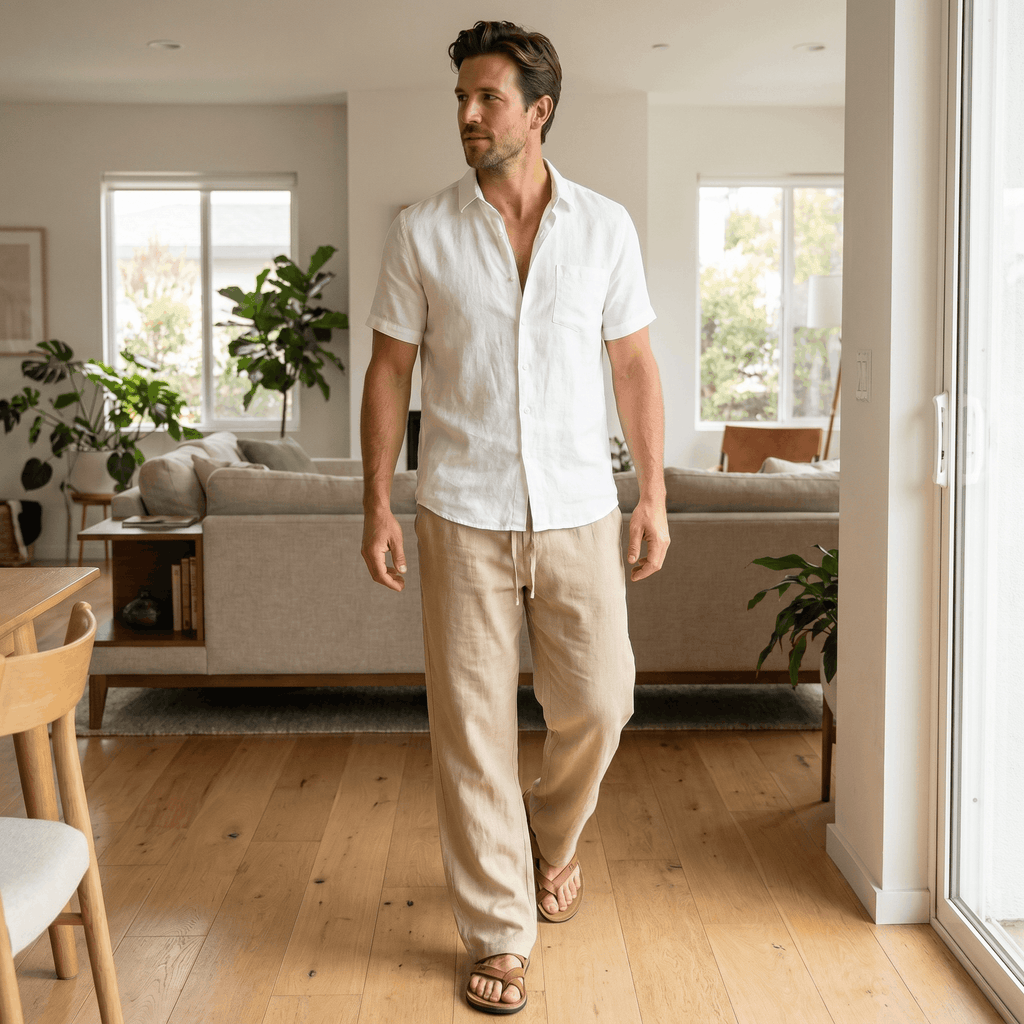 Luciano Linen Blend Drawstring Trousers – Relaxed Wide Leg Elastic Waist Casual Summer Bottoms