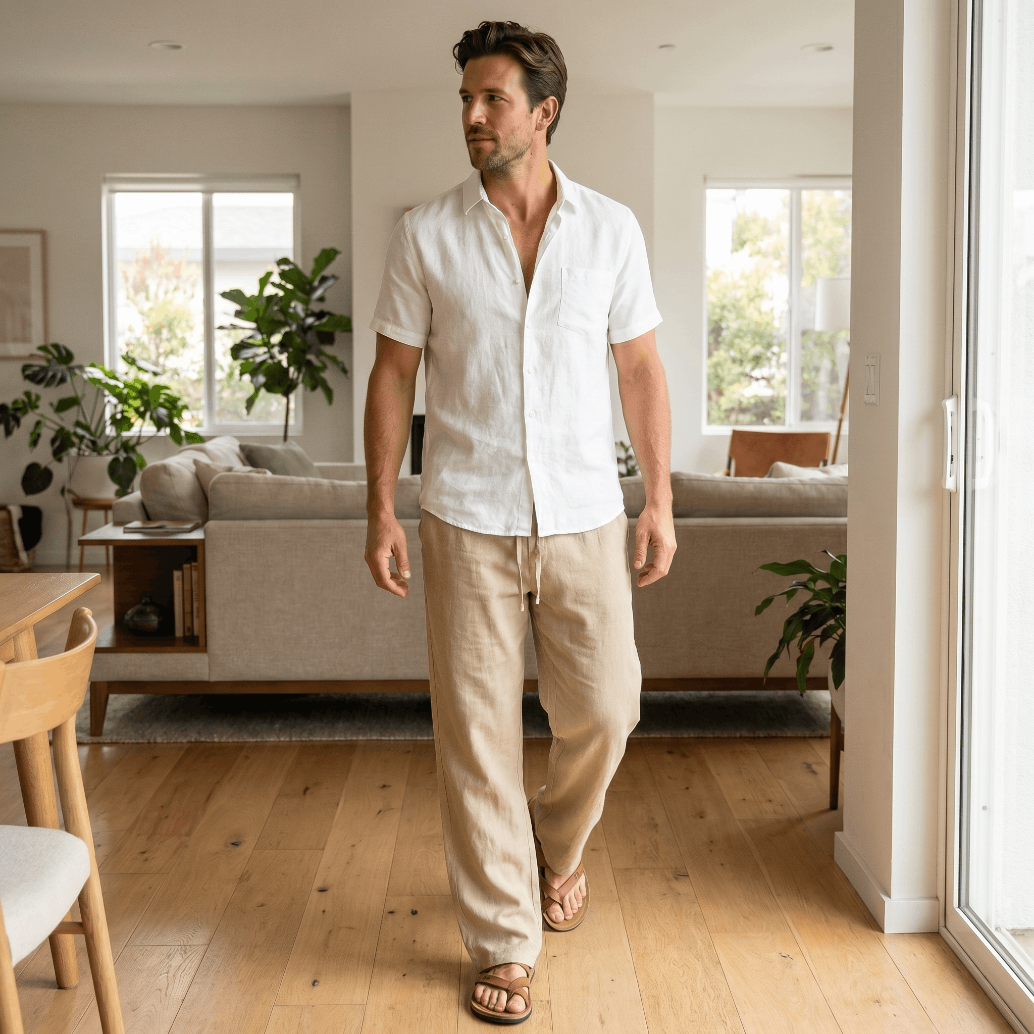 Luciano Linen Blend Drawstring Trousers – Relaxed Wide Leg Elastic Waist Casual Summer Bottoms