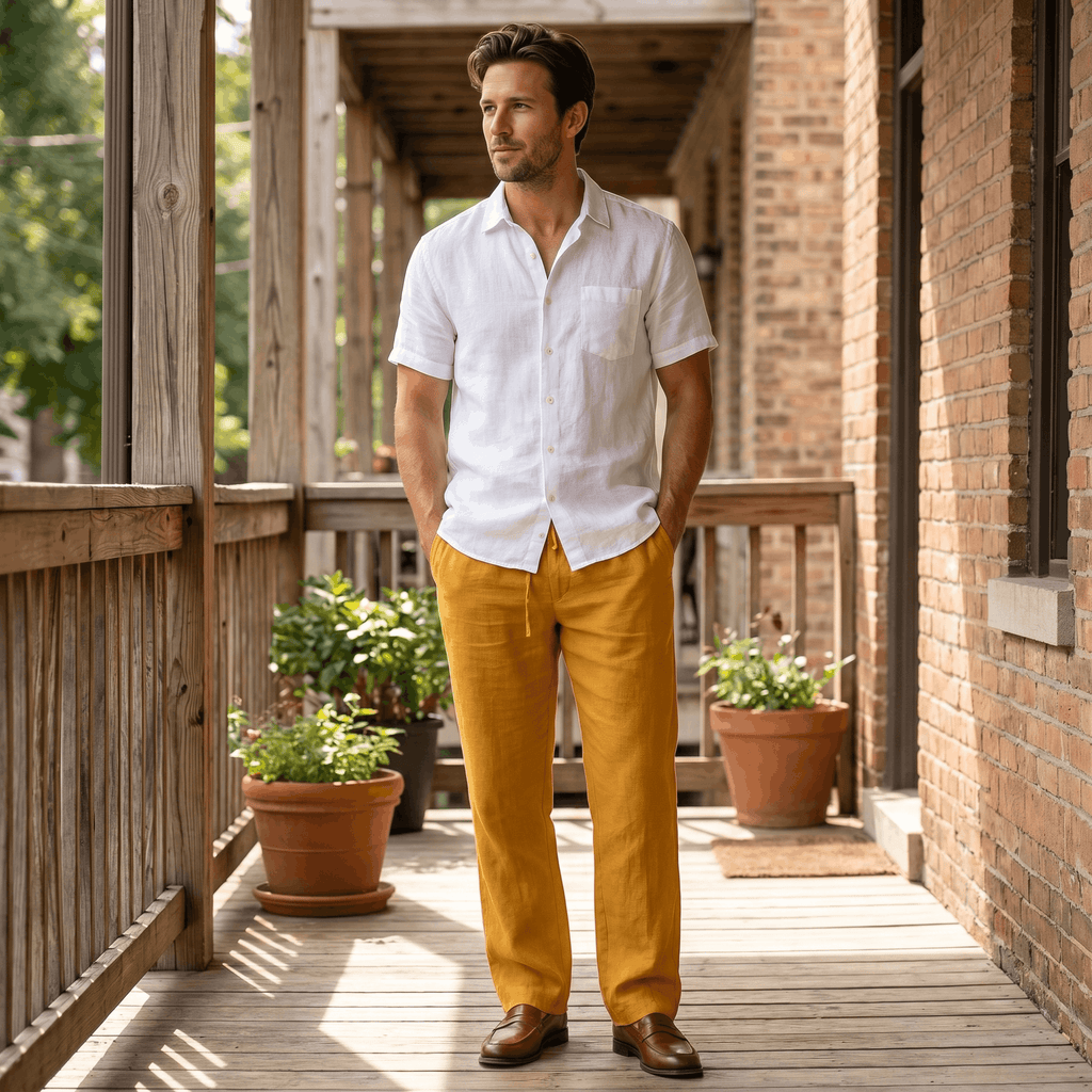 Aurelio Casual Linen Trousers – Elastic Drawstring Waist Relaxed Straight Leg Casual Summer Bottoms