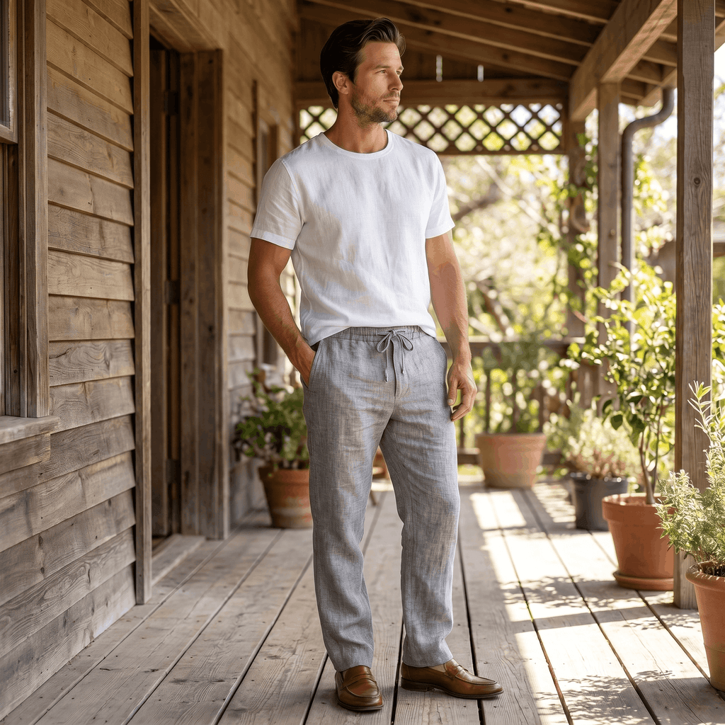 Aurelio Casual Linen Trousers – Elastic Drawstring Waist Relaxed Straight Leg Casual Summer Bottoms