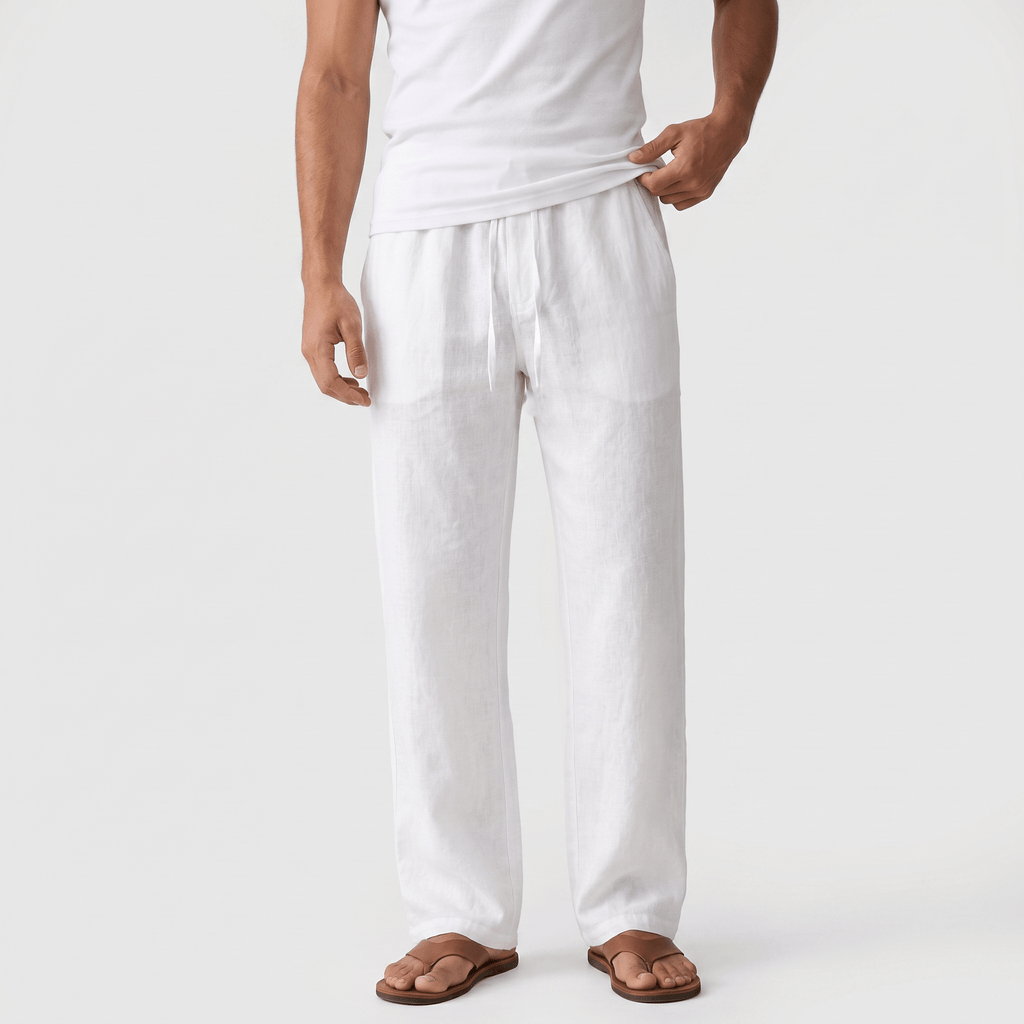 Aurelio Casual Linen Trousers – Elastic Drawstring Waist Relaxed Straight Leg Casual Summer Bottoms