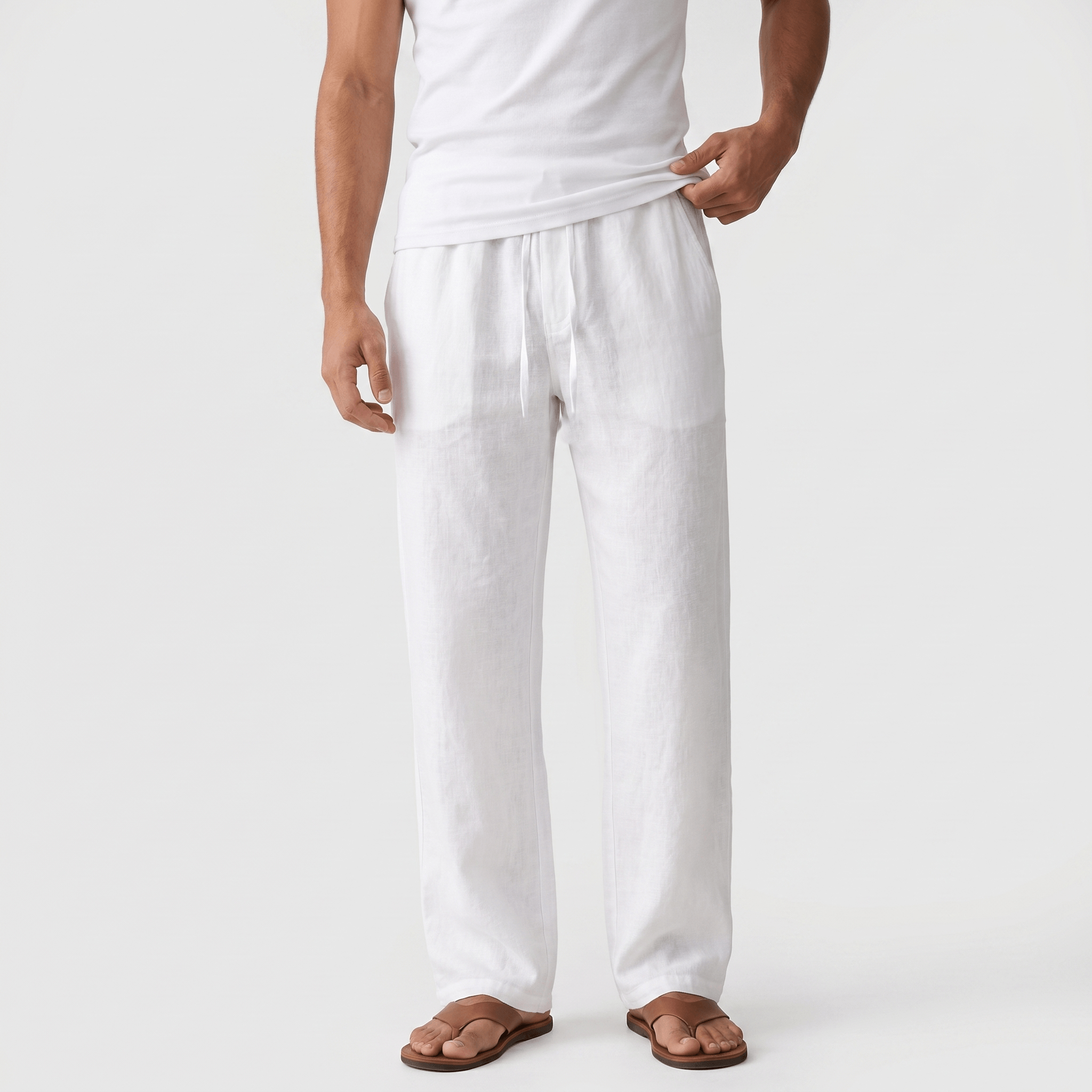 Aurelio Casual Linen Trousers – Elastic Drawstring Waist Relaxed Straight Leg Casual Summer Bottoms