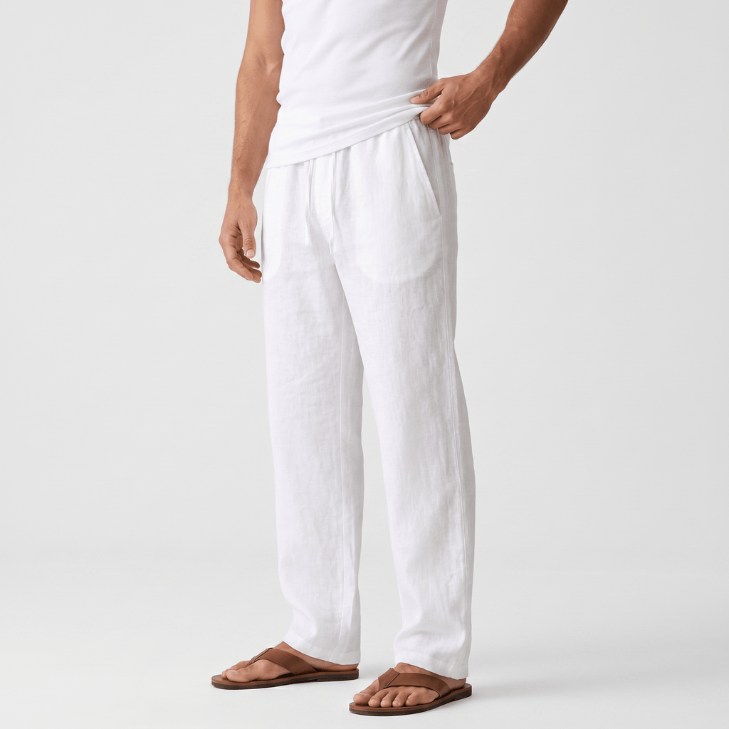 Aurelio Casual Linen Trousers – Elastic Drawstring Waist Relaxed Straight Leg Casual Summer Bottoms
