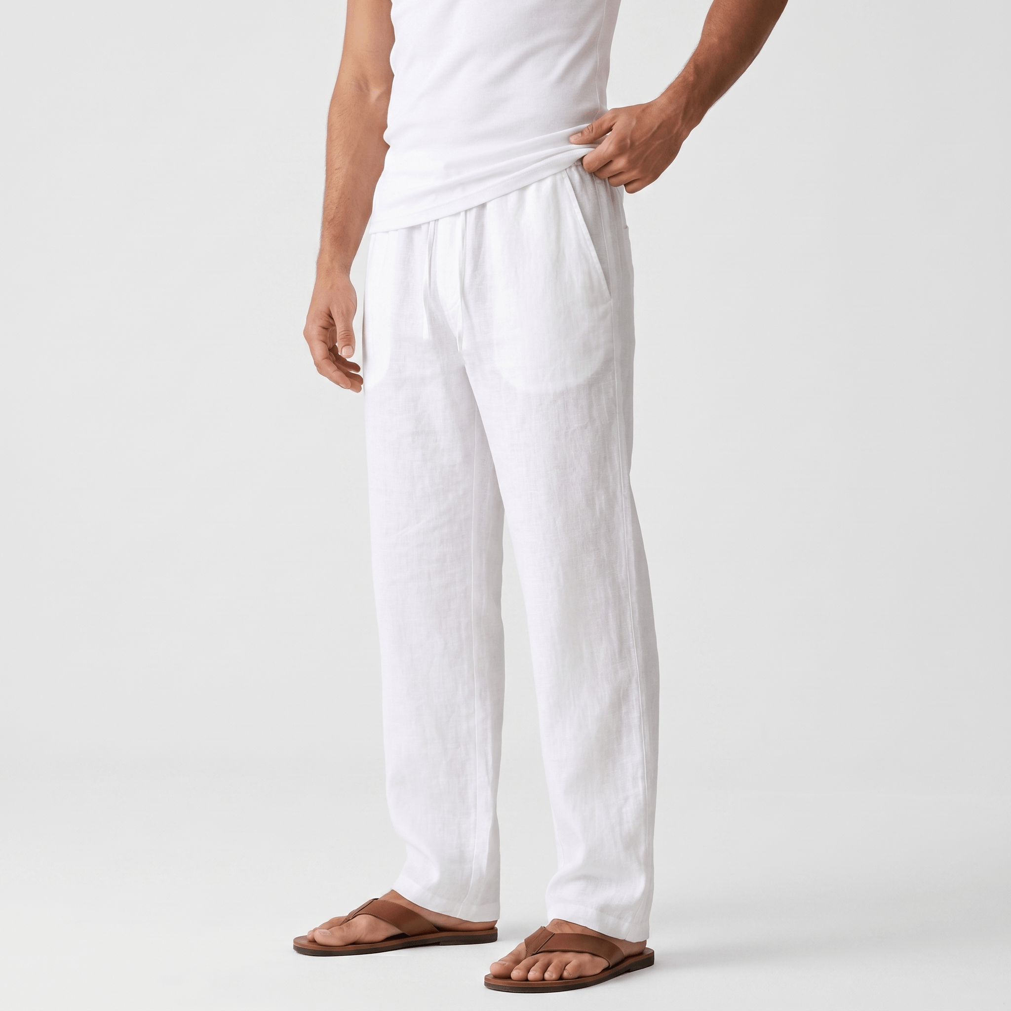 Aurelio Casual Linen Trousers – Elastic Drawstring Waist Relaxed Straight Leg Casual Summer Bottoms