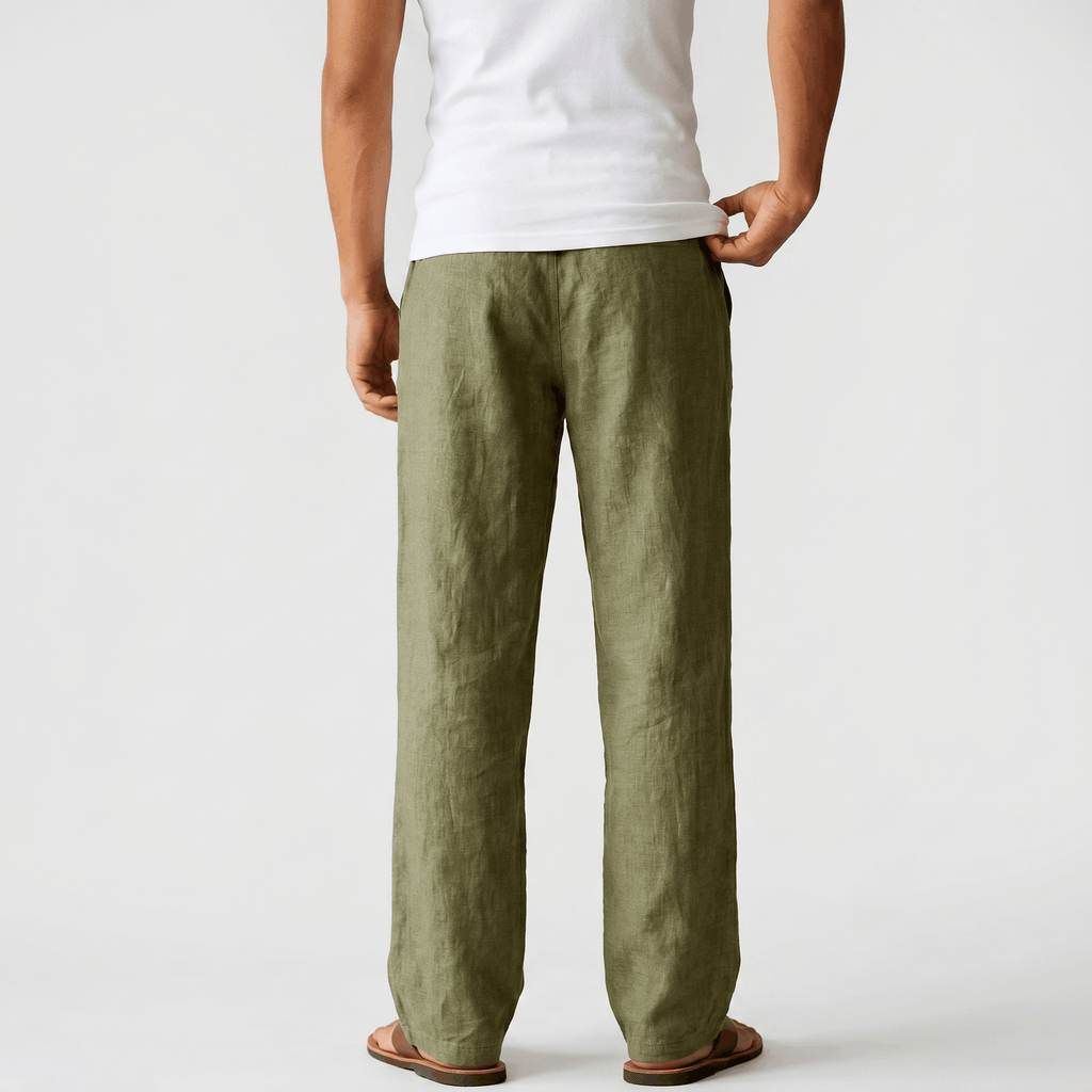 Aurelio Casual Linen Trousers – Elastic Drawstring Waist Relaxed Straight Leg Casual Summer Bottoms