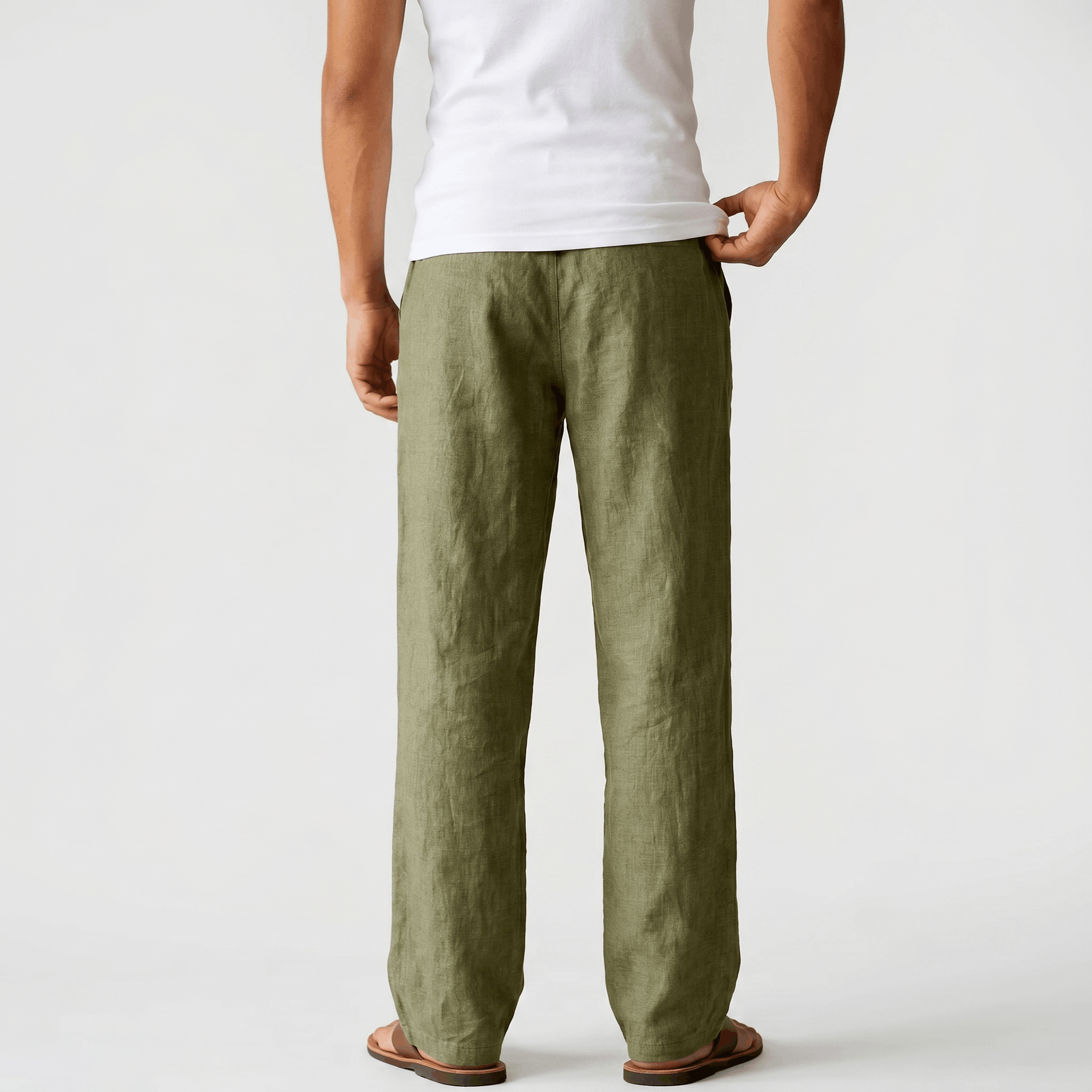 Aurelio Casual Linen Trousers – Elastic Drawstring Waist Relaxed Straight Leg Casual Summer Bottoms