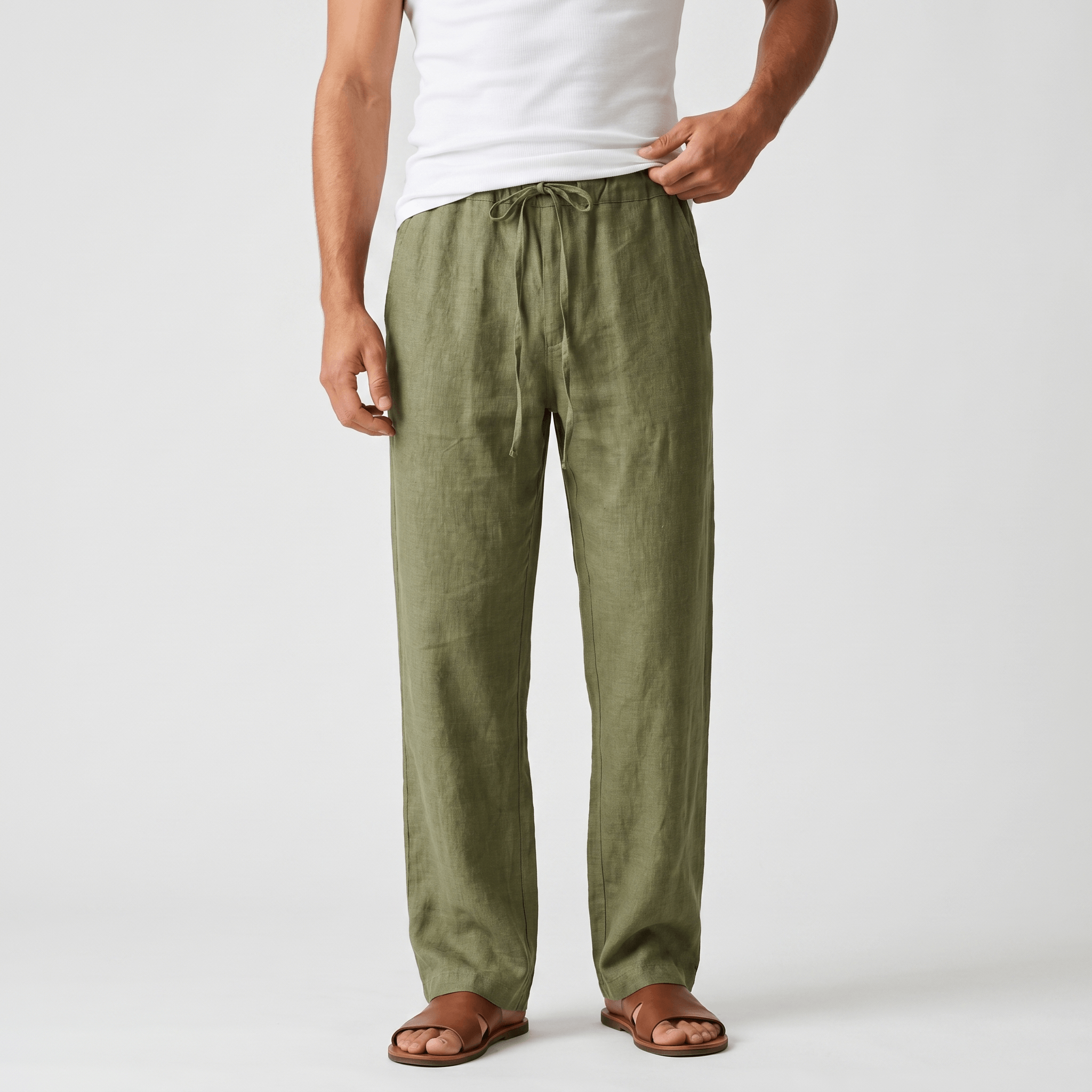 Aurelio Casual Linen Trousers – Elastic Drawstring Waist Relaxed Straight Leg Casual Summer Bottoms