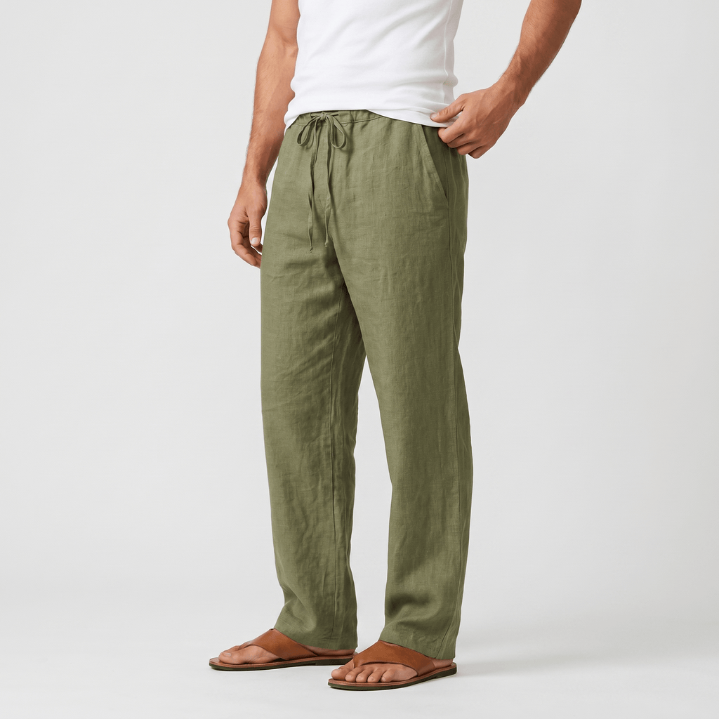 Aurelio Casual Linen Trousers – Elastic Drawstring Waist Relaxed Straight Leg Casual Summer Bottoms