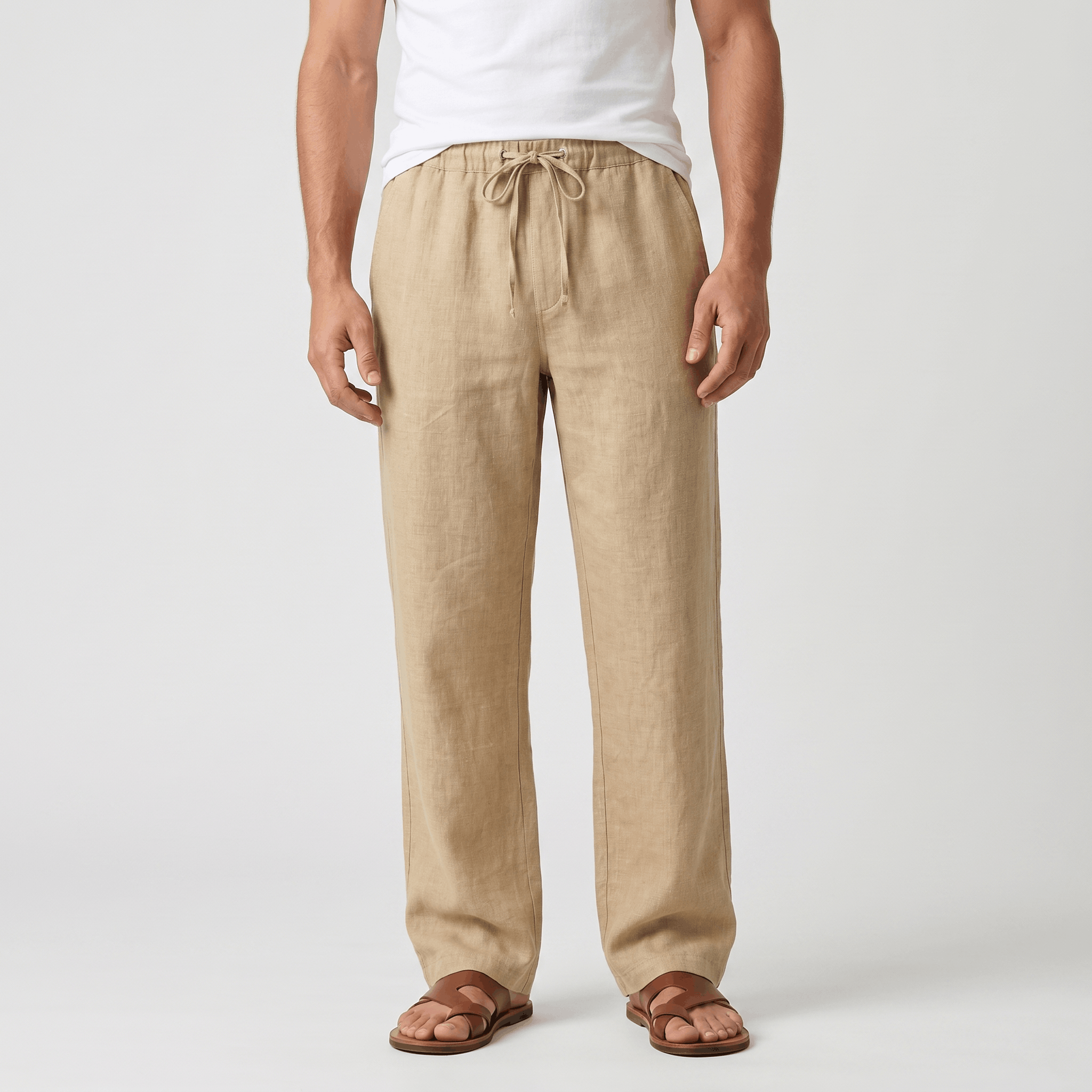 Aurelio Casual Linen Trousers – Elastic Drawstring Waist Relaxed Straight Leg Casual Summer Bottoms