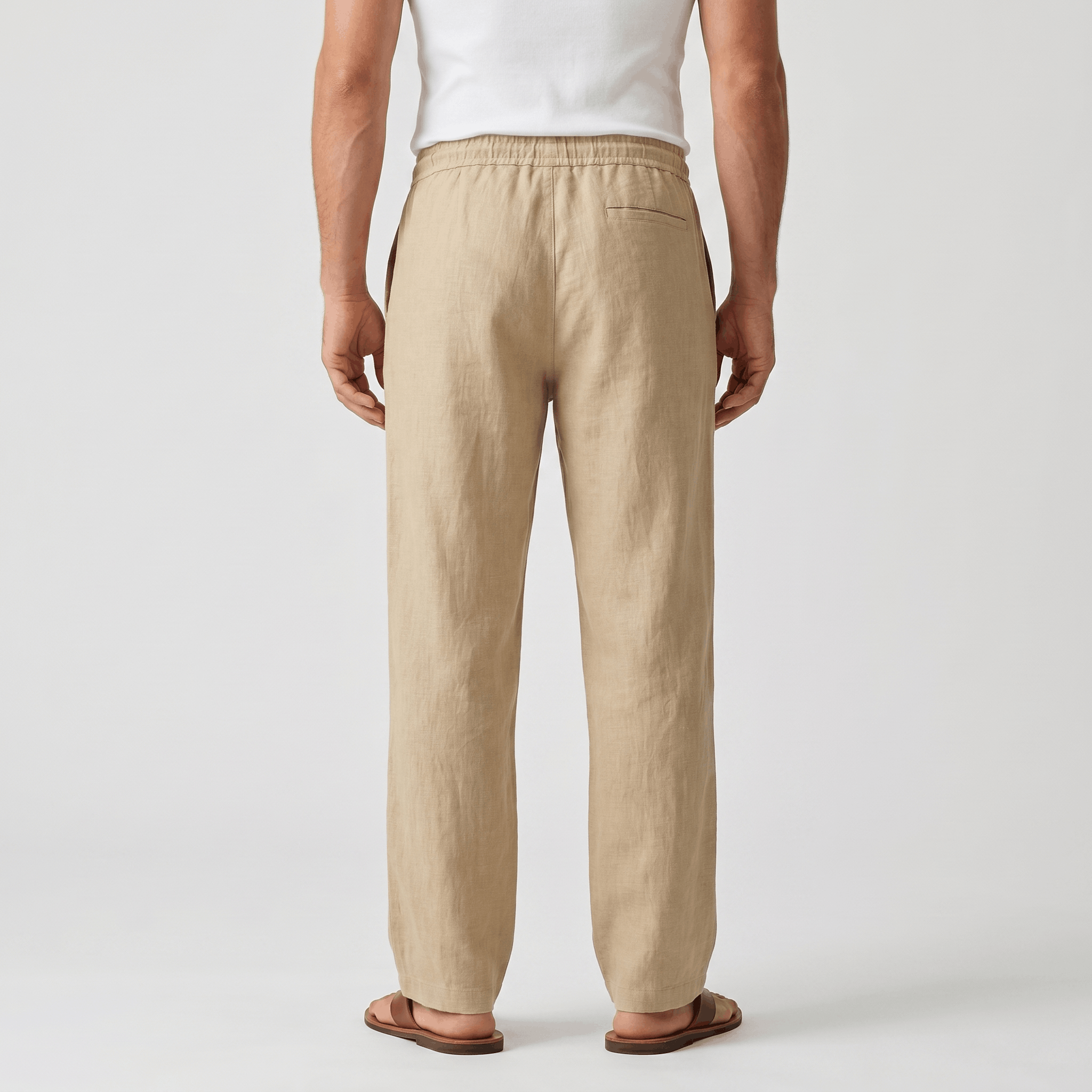 Aurelio Casual Linen Trousers – Elastic Drawstring Waist Relaxed Straight Leg Casual Summer Bottoms