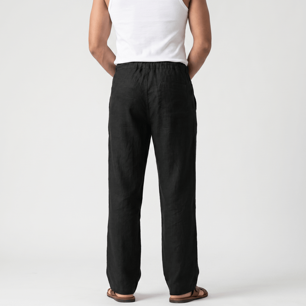 Aurelio Casual Linen Trousers – Elastic Drawstring Waist Relaxed Straight Leg Casual Summer Bottoms