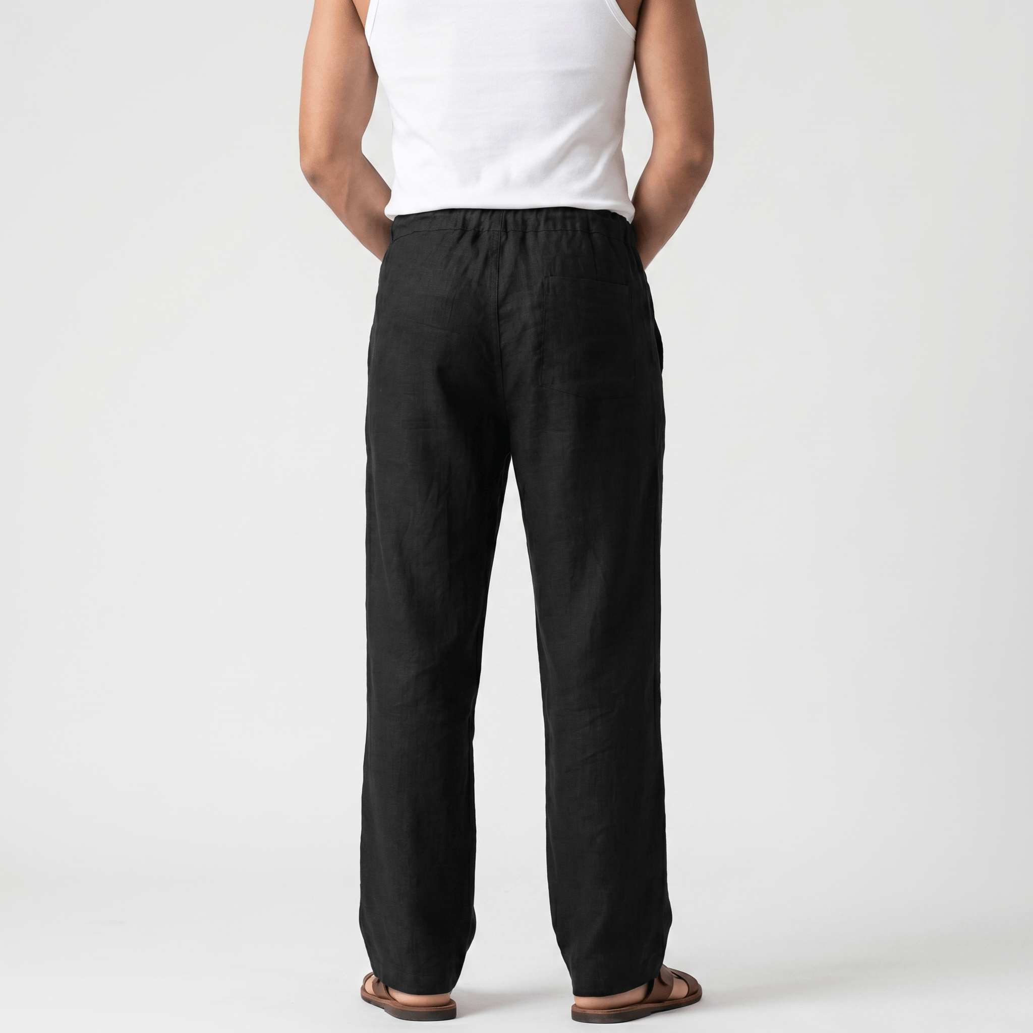 Aurelio Casual Linen Trousers – Elastic Drawstring Waist Relaxed Straight Leg Casual Summer Bottoms