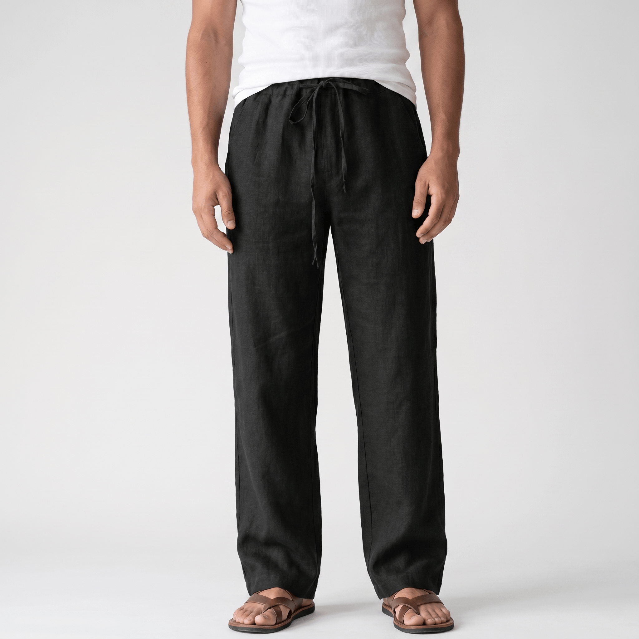 Aurelio Casual Linen Trousers – Elastic Drawstring Waist Relaxed Straight Leg Casual Summer Bottoms